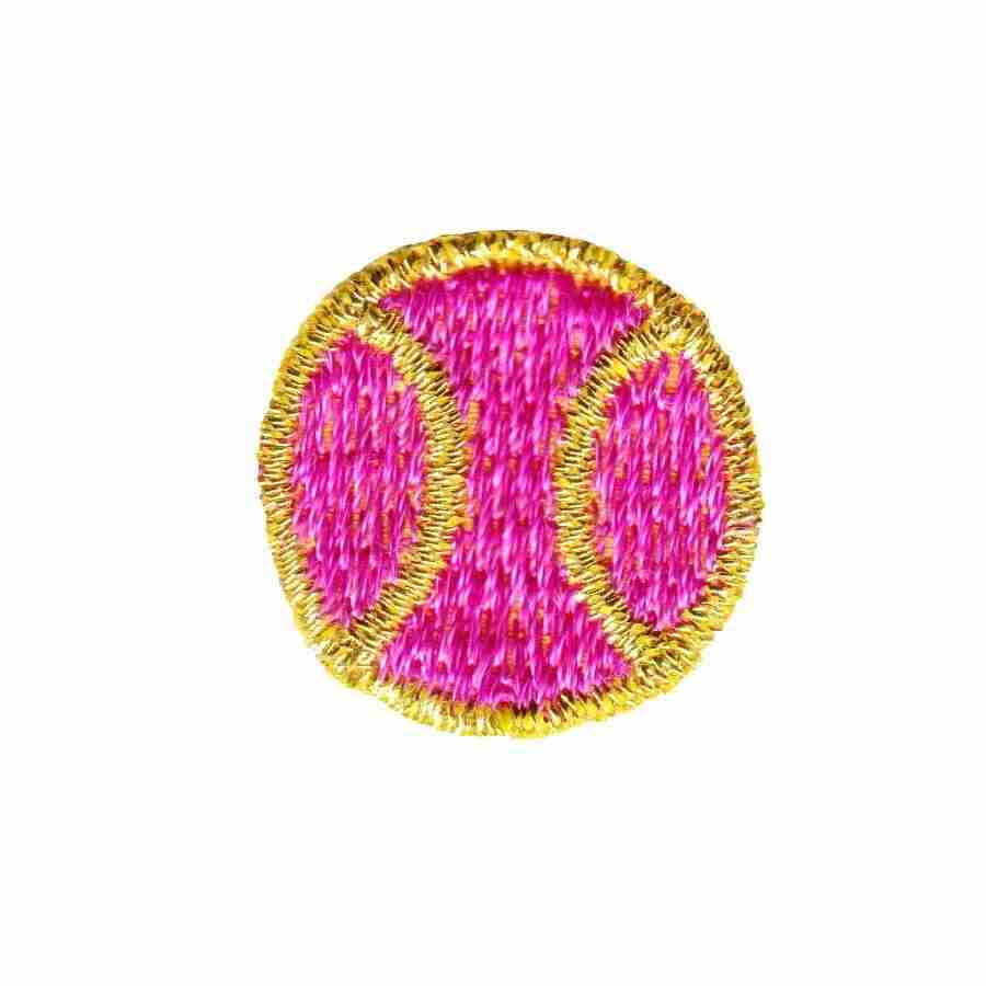 Add sporty flair to bags, jackets, or hats with Laughing Lizards' Tiny Tennis Ball (5-Pack) Sport Iron on Patch in fuchsia—round patches with gold stitching and a pink center, perfect for easy applique.