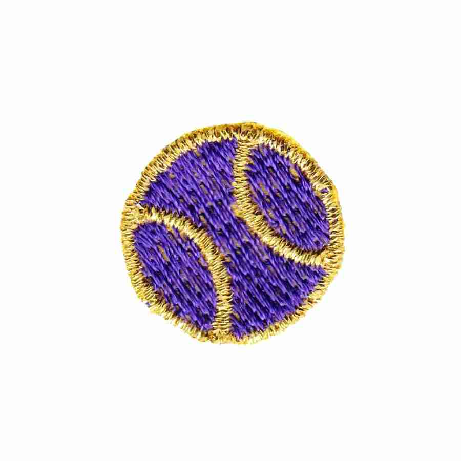 The Tiny Tennis Ball (5-Pack) Sport Iron On Patch by Laughing Lizards features circular purple patches with gold thread sections, making them easy to apply to your favorite gear.