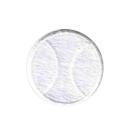 The Laughing Lizards White Tennis Ball (5-Pack) Sports Iron On Patch features a plain white embroidered tennis design with a subtle circular outline and faint curved details, set against a light gray background.