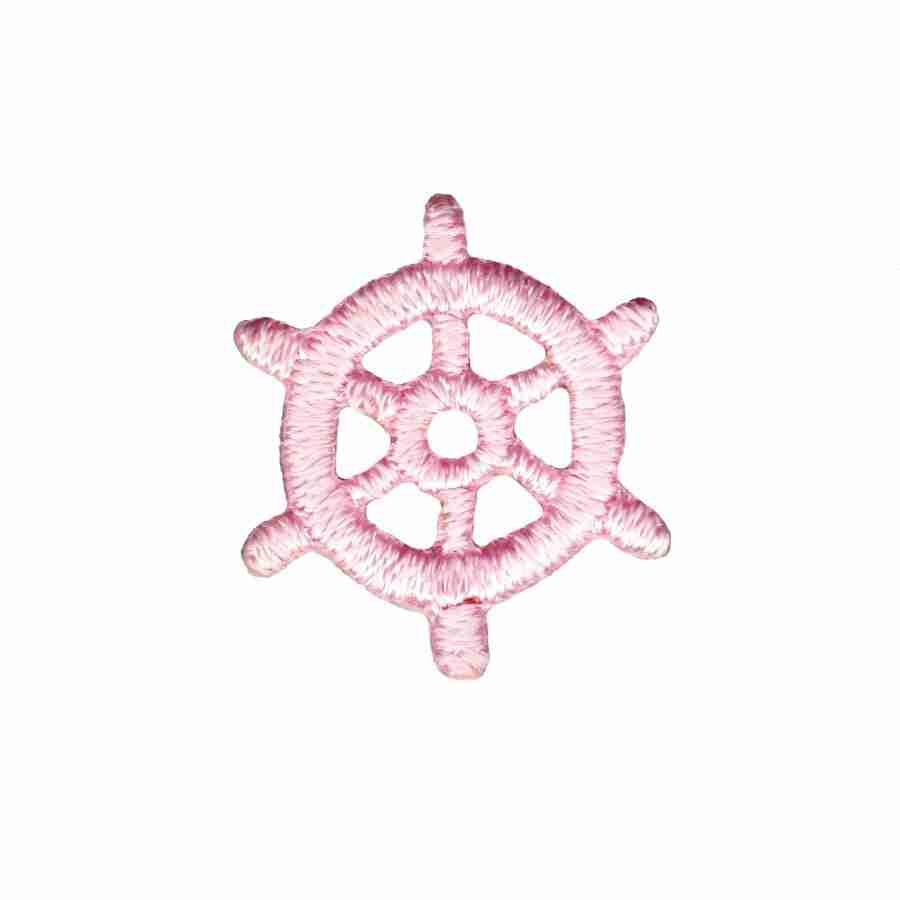 Laughing Lizards' Tiny Nautical Wheel (5-Pack) Iron On Patch in pink features an eight-spoke marine design, shown on a white background.