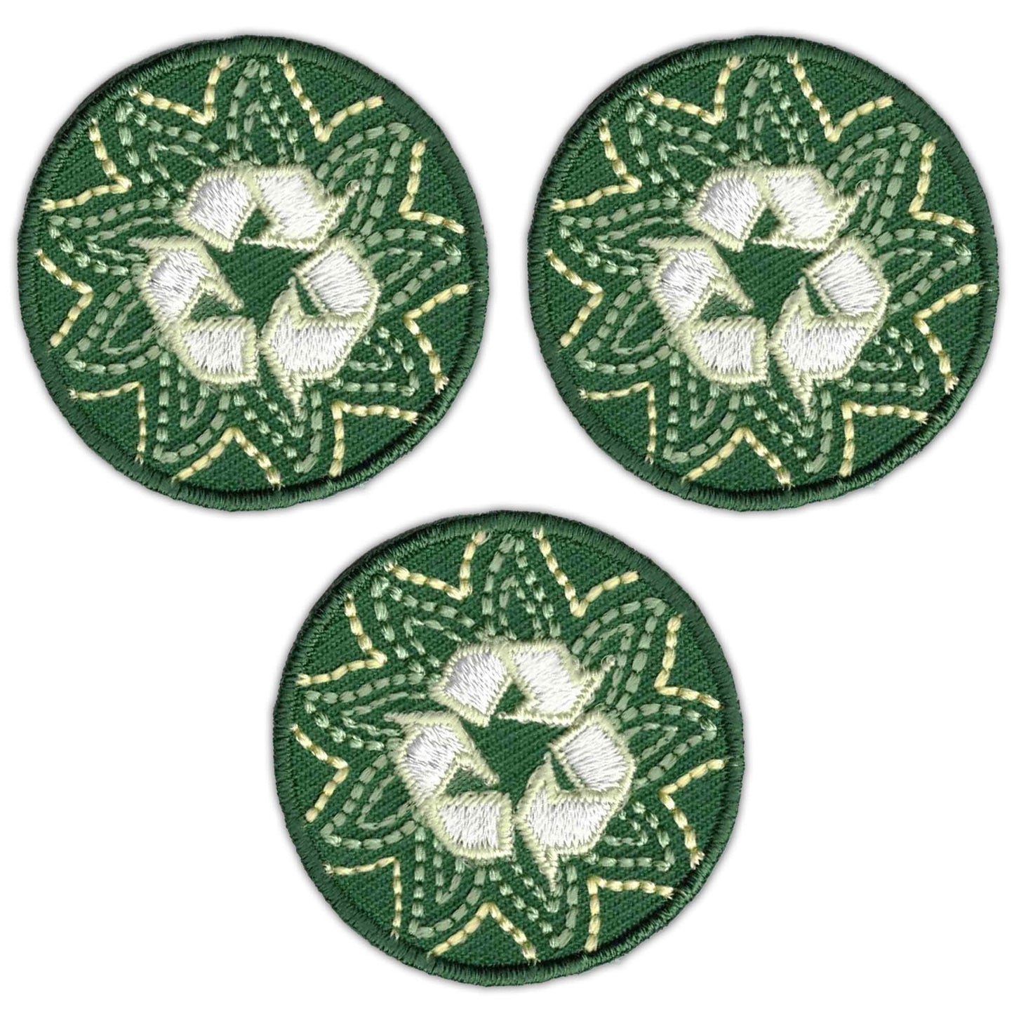 The Laughing Lizards Recycling Round (3-Pack) Ecology Iron On Patch features green badges with a white recycling symbol and stitched border—an eco-friendly touch for your gear.