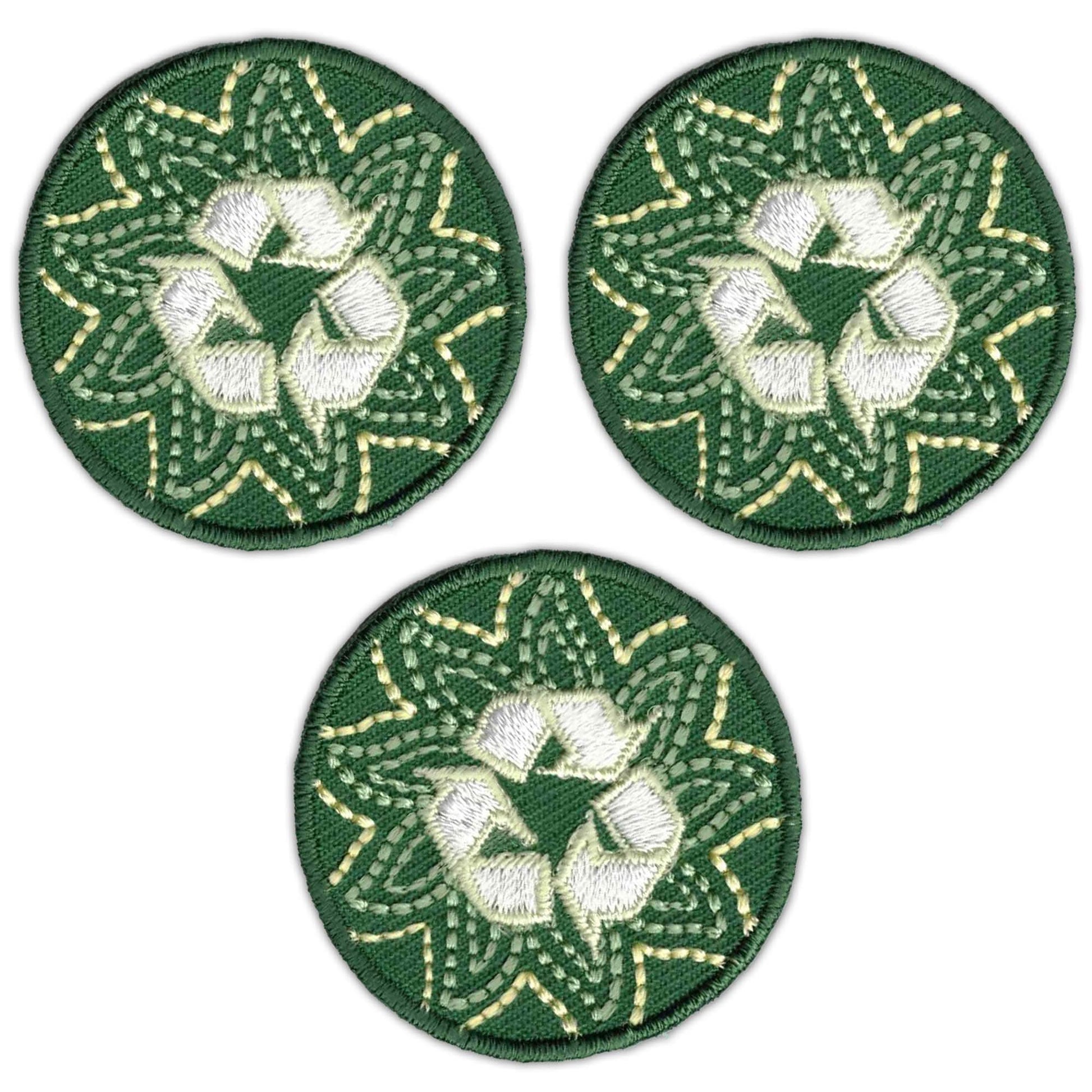 The Laughing Lizards Recycling Round (3-Pack) Ecology Iron On Patch features green badges with a white recycling symbol and stitched border—an eco-friendly touch for your gear.