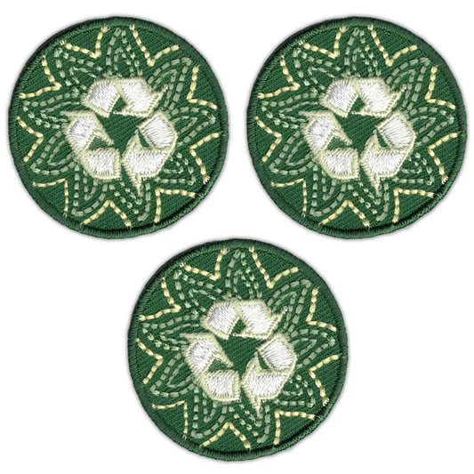 The Laughing Lizards Recycling Round (3-Pack) Ecology Iron On Patch features green badges with a white recycling symbol and stitched border—an eco-friendly touch for your gear.