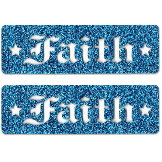 Laughing Lizards Faith Blue Glitter Cutout 2-Pack includes rectangular iron-on patches with "Faith" in white Gothic script and two white star borders on each.