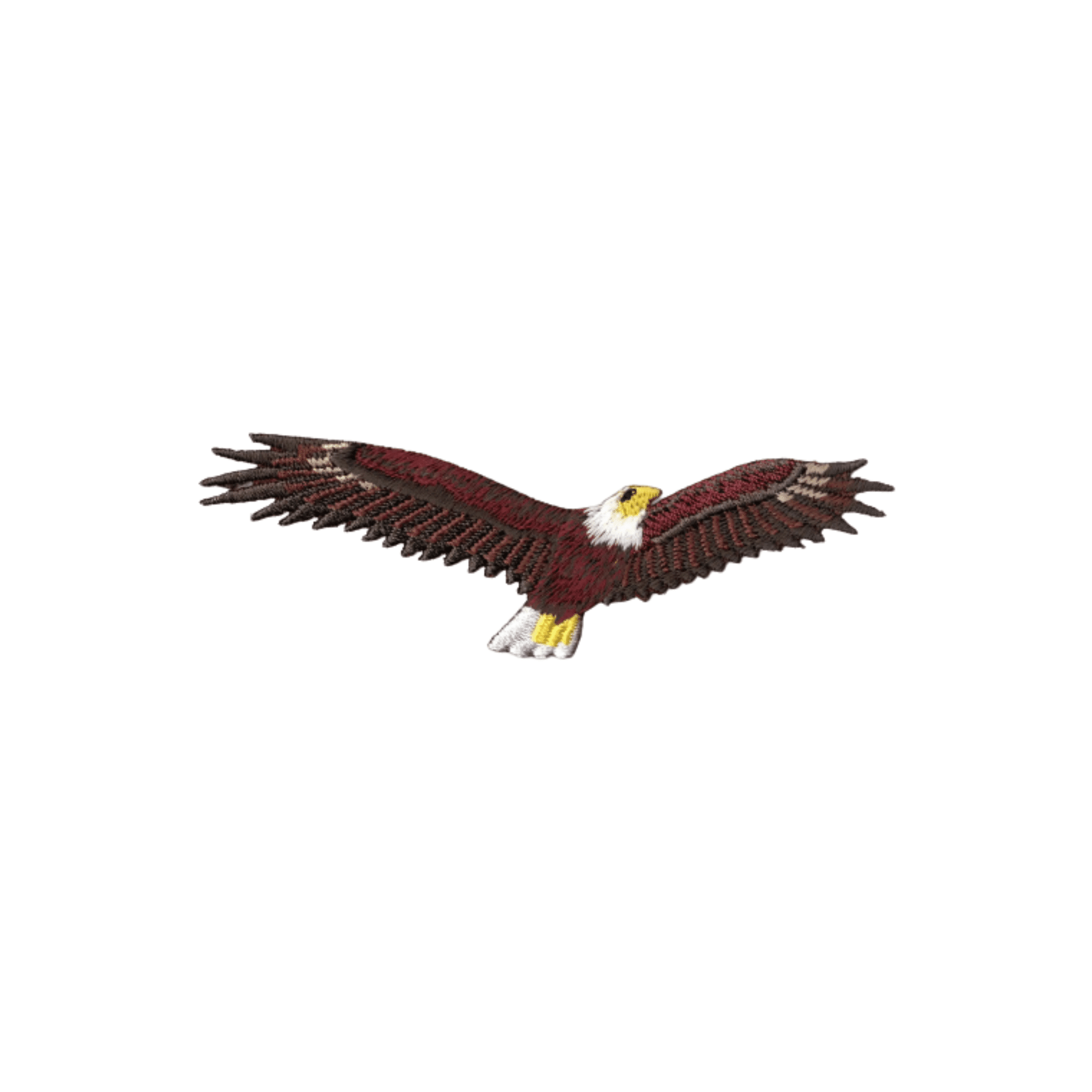 LaughingLizards American Bald Eagle in Flight iron on patch 3-pack features a bold eagle with outstretched wings, yellow beak, and white head, soaring against a white background.