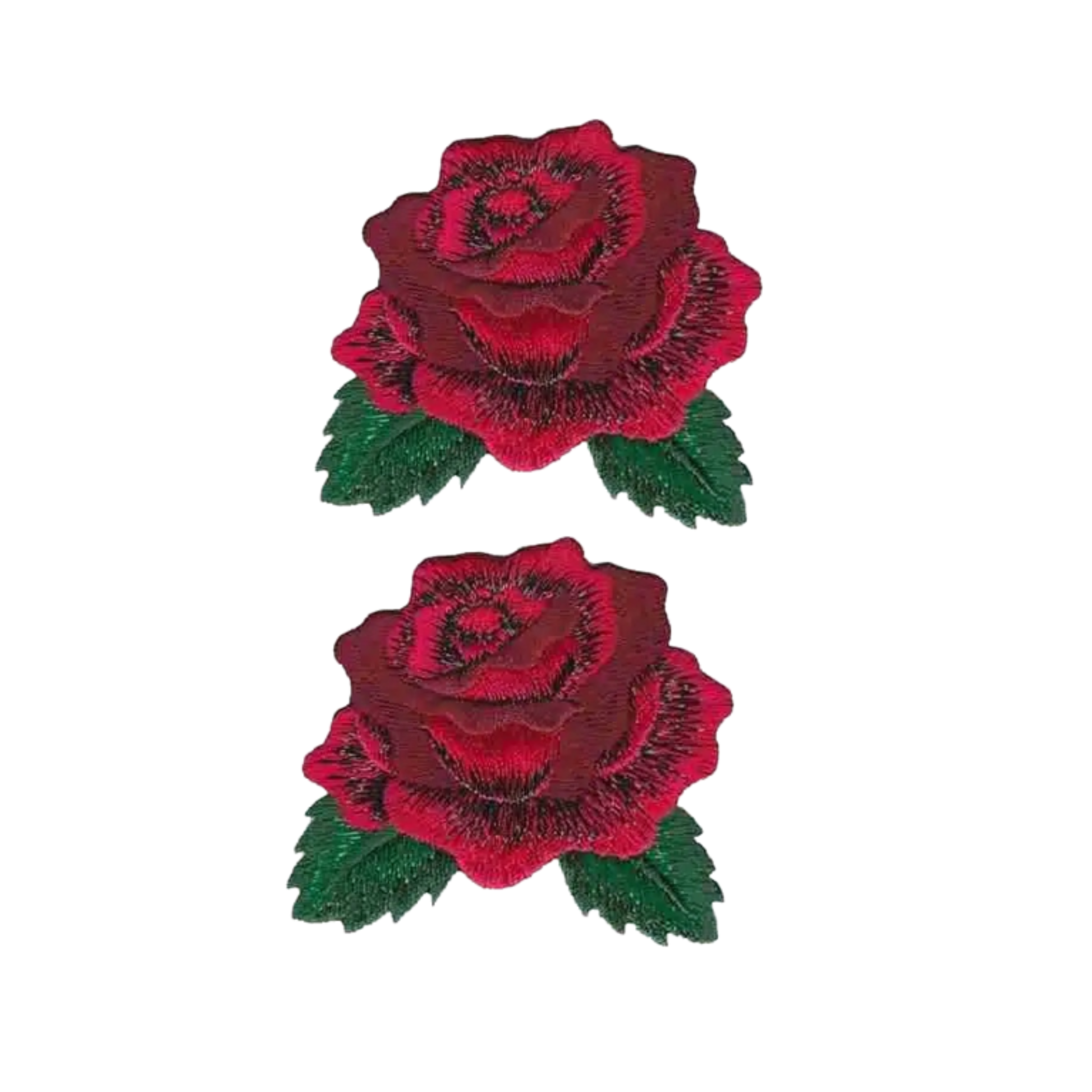 Two Laughing Lizards Red Rose with Leaves Floral Iron On Patches, featuring sparkling thread, are arranged vertically on a plain white background—ideal as a DIY craft accessory.