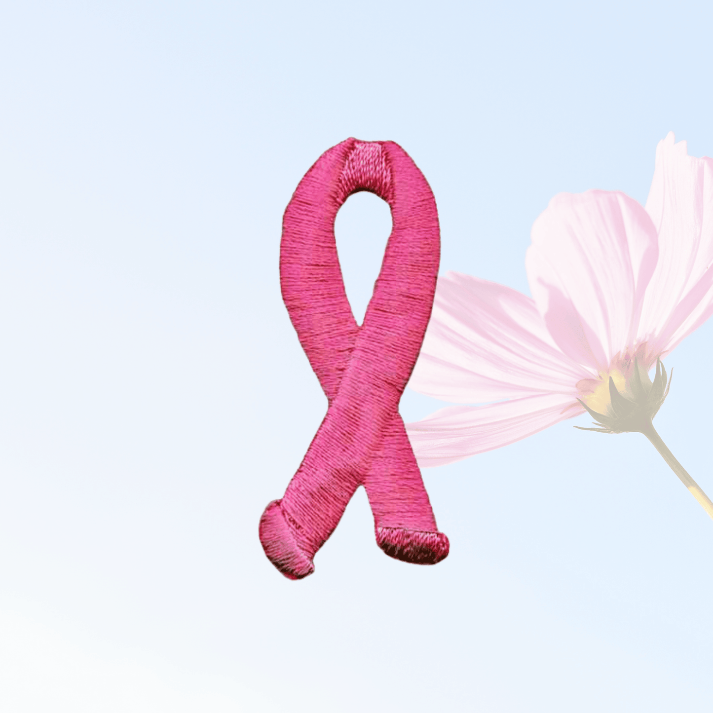 A Breast Cancer Patches (5-Pack) Awareness Embroidered Iron On Patch Applique 2" with a flower in the background.
