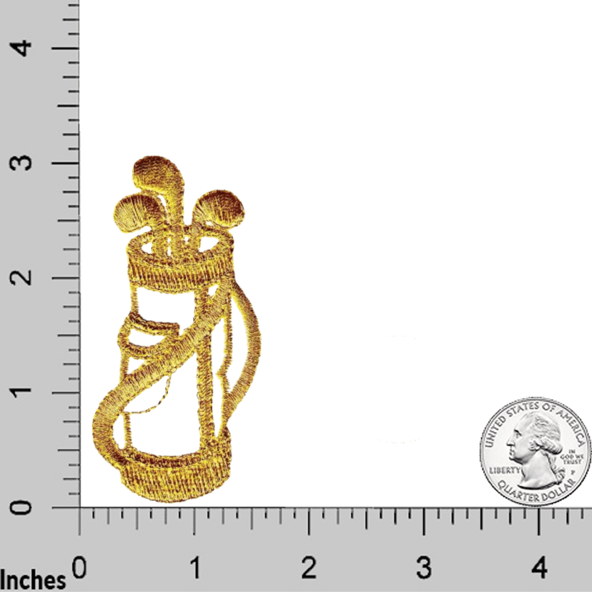The Laughing Lizards Metallic Golf Bag and Clubs (2-Pack) Iron On Patch in White/Gold or Silver/Black is shown next to a U.S. quarter and inch ruler for size reference. Ideal as applique or iron-on patch.