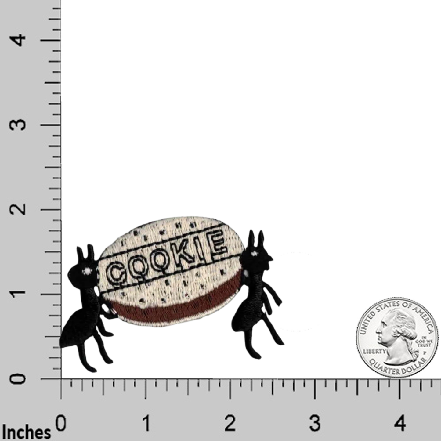 The LaughingLizards Ants with Cookie Insect (2-Pack) Iron On Patch features two black ant appliques carrying a "COOKIE" near a U.S. quarter on a grid—ideal for your next DIY craft or patch project.
