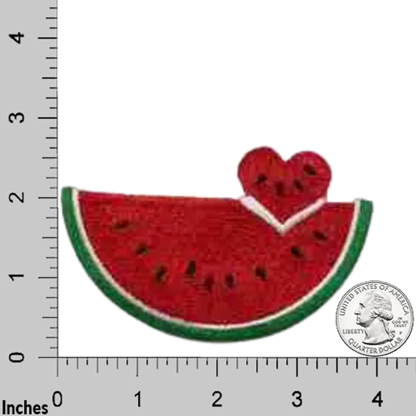 The LaughingLizards Large Watermelon Fruit with Heart Cutout Iron On Patch (2-Pack) adds fun flair to your DIY crafts—each patch features a heart-shaped bite and is shown with a ruler and quarter for scale.