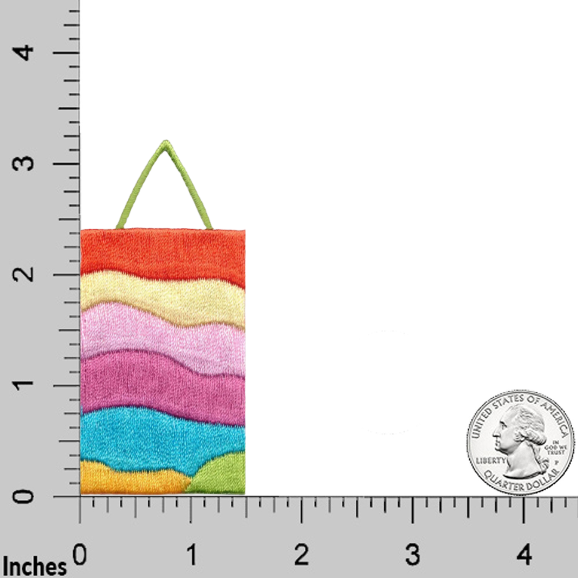 The Laughing Lizards 60's Retro Tall Shopping Bag Iron on Patch (3-Pack) is a small, multicolored, rectangular patch with two green handles, about 2 inches tall—shown here with a ruler and quarter for scale. Perfect for DIY decorating!.