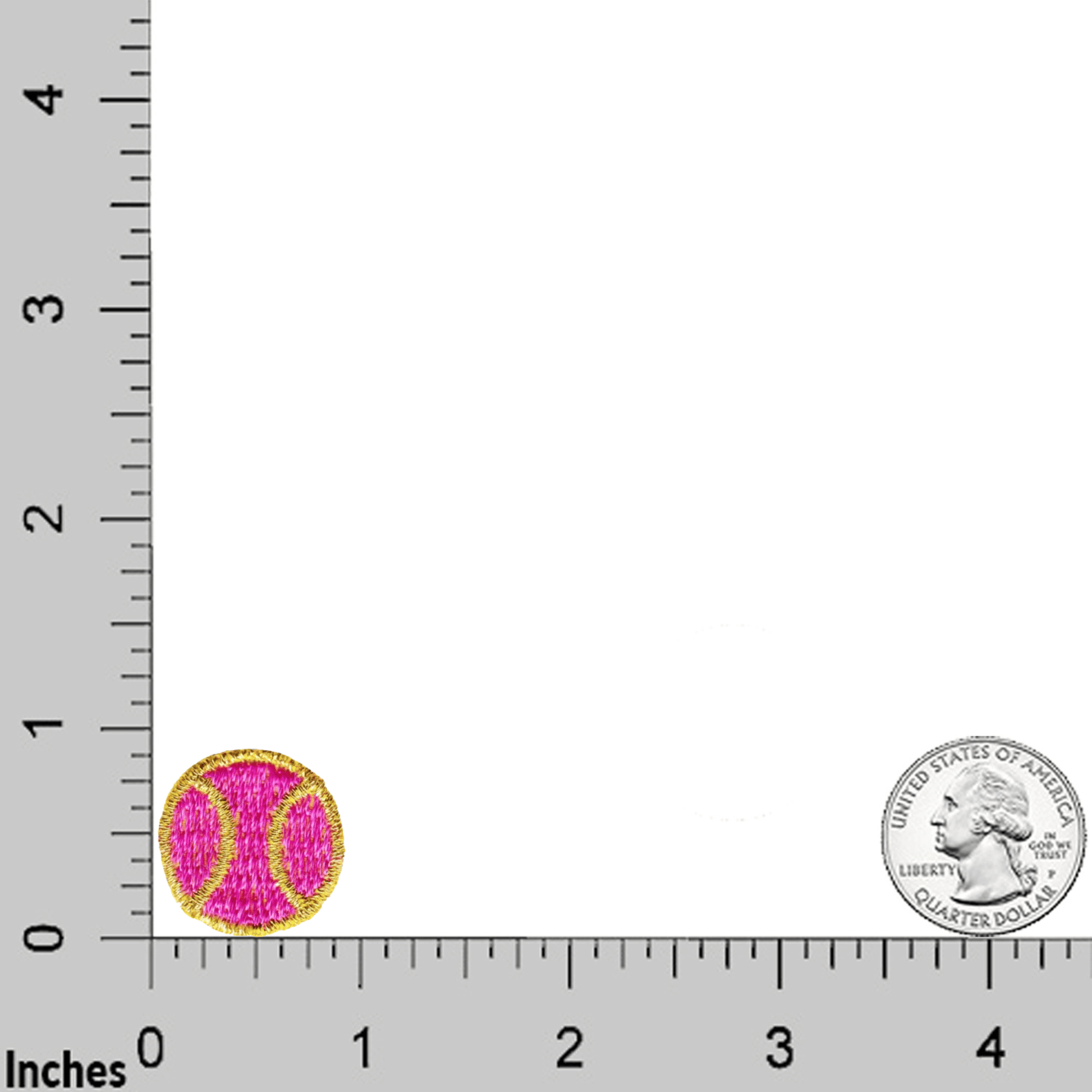 The Laughing Lizards Tiny Tennis Ball (5-Pack) Sport Iron on Patch in fuchsia and yellow is shown beside a US quarter on a white background, with an inch ruler for scale.
