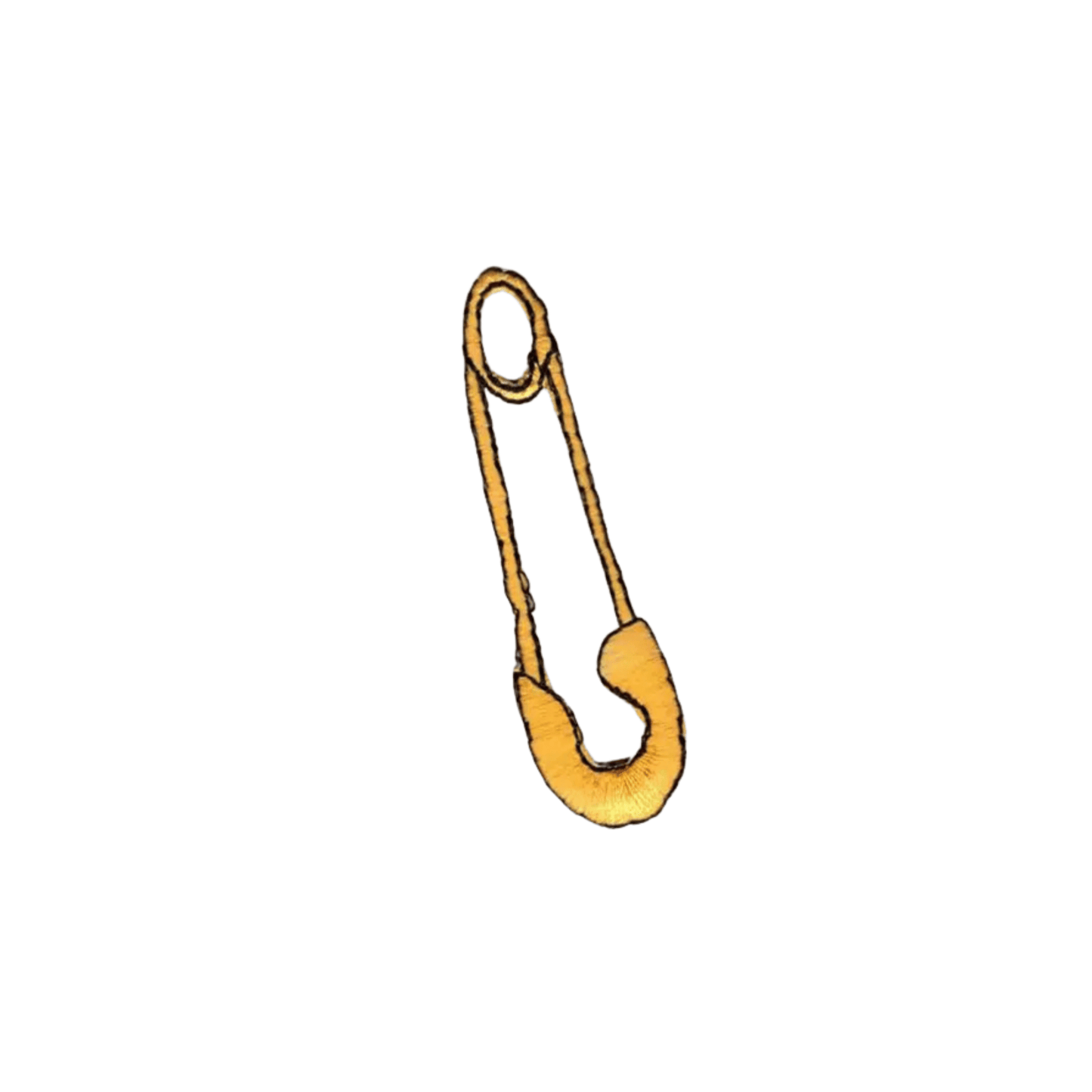 A set of four LaughingLizards Diaper Safety Pin Baby embroidered iron-on patches, resembling yellow diaper pins, is shown against a plain white background.