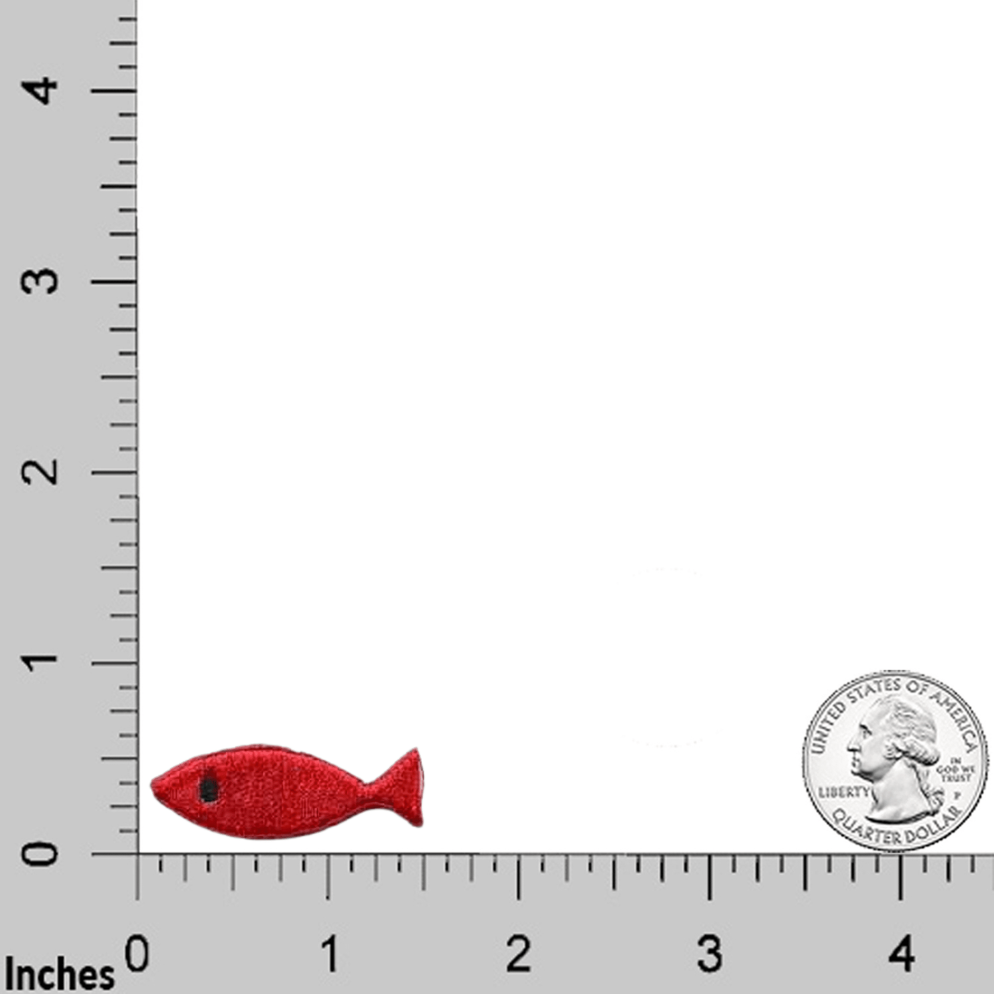 The Laughing Lizards Plain Fish in RED (5-Packs) Sealife Embroidered Iron On Patch is shown on an inch grid beside a U.S. quarter for scale—ideal for DIY craft projects and embellishments.