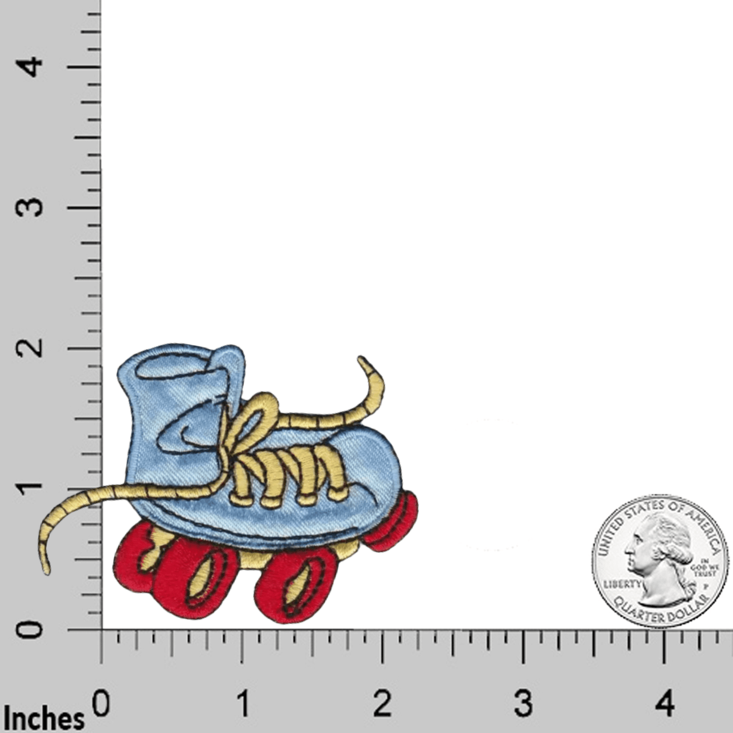 The Wacky Roller Skate Light Blue Children's Iron On Patch by LaughingLizards, shown with a U.S. quarter and inch markings for size reference, is ideal for DIY craft projects.