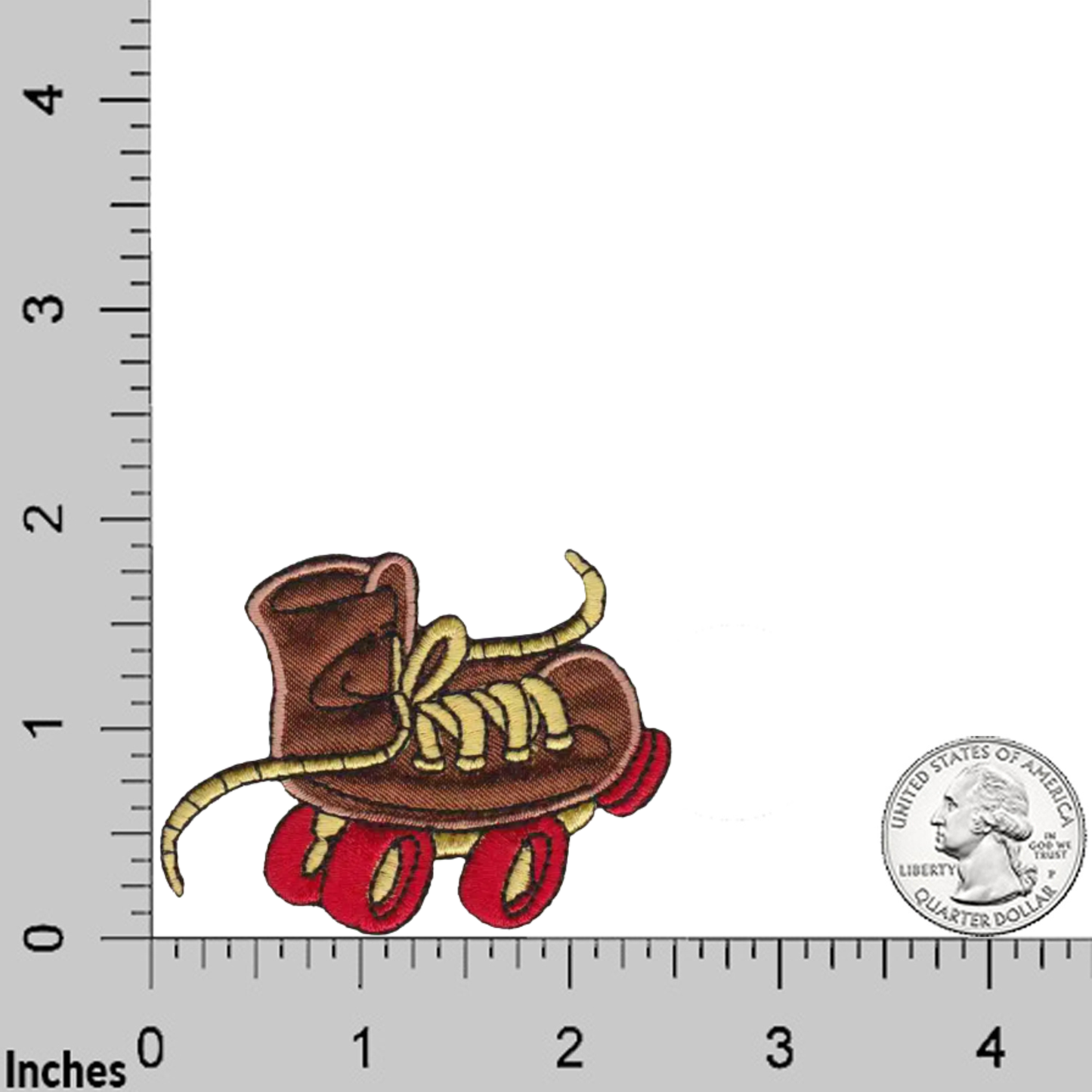 The Wacky Roller Skate Children’s (3-Pack) Iron On Patch by Laughing Lizards features brown skates with yellow laces next to a U.S. quarter on an inch ruler—ideal for unique fabric decoration or as a fun patch for kids’ clothing.