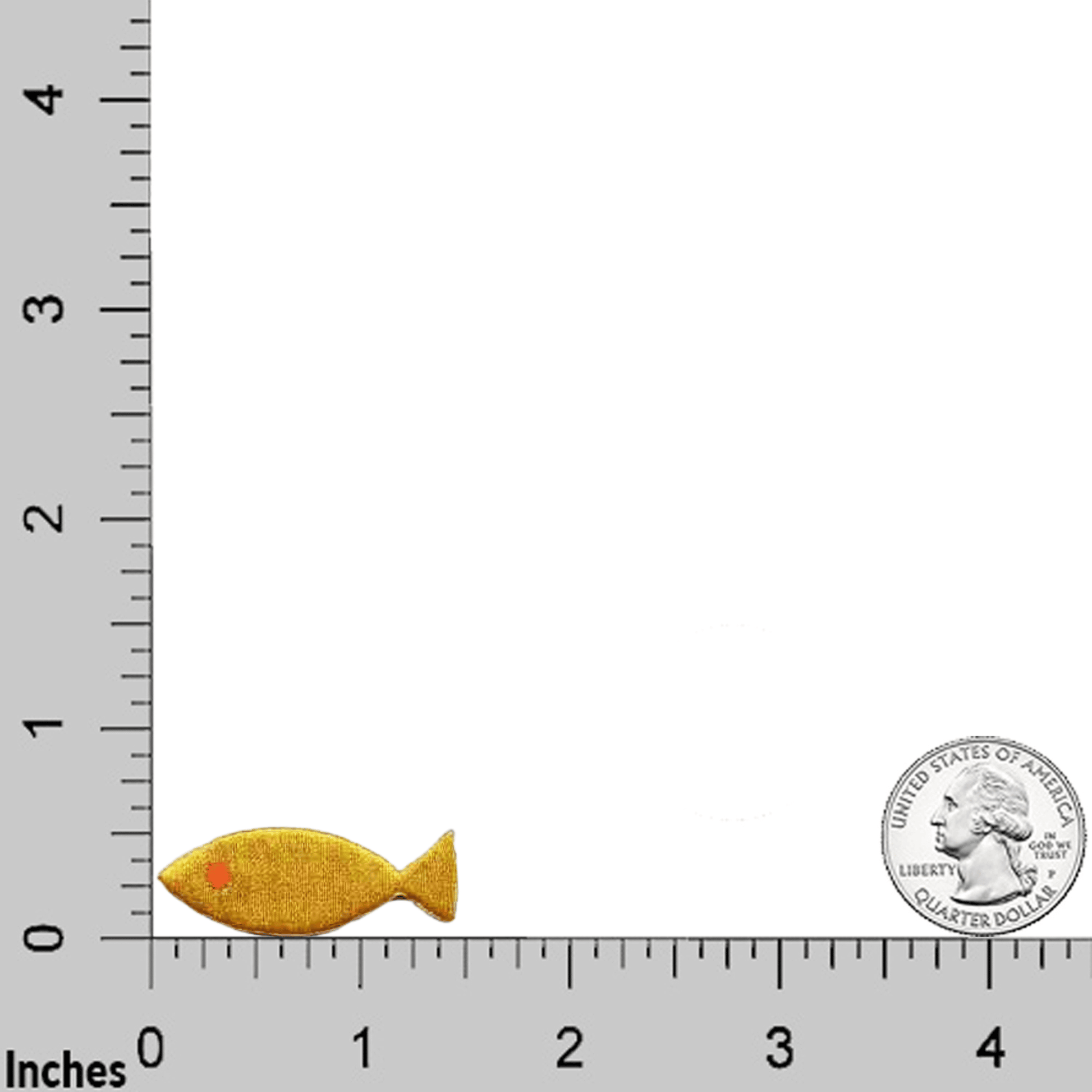 A Laughing Lizards Plain Yellow Fish (5-Pack) Sealife Embroidered Iron On Patch is shown next to a U.S. quarter and rulers for scale—great DIY craft patches or quirky iron-on fish accents.
