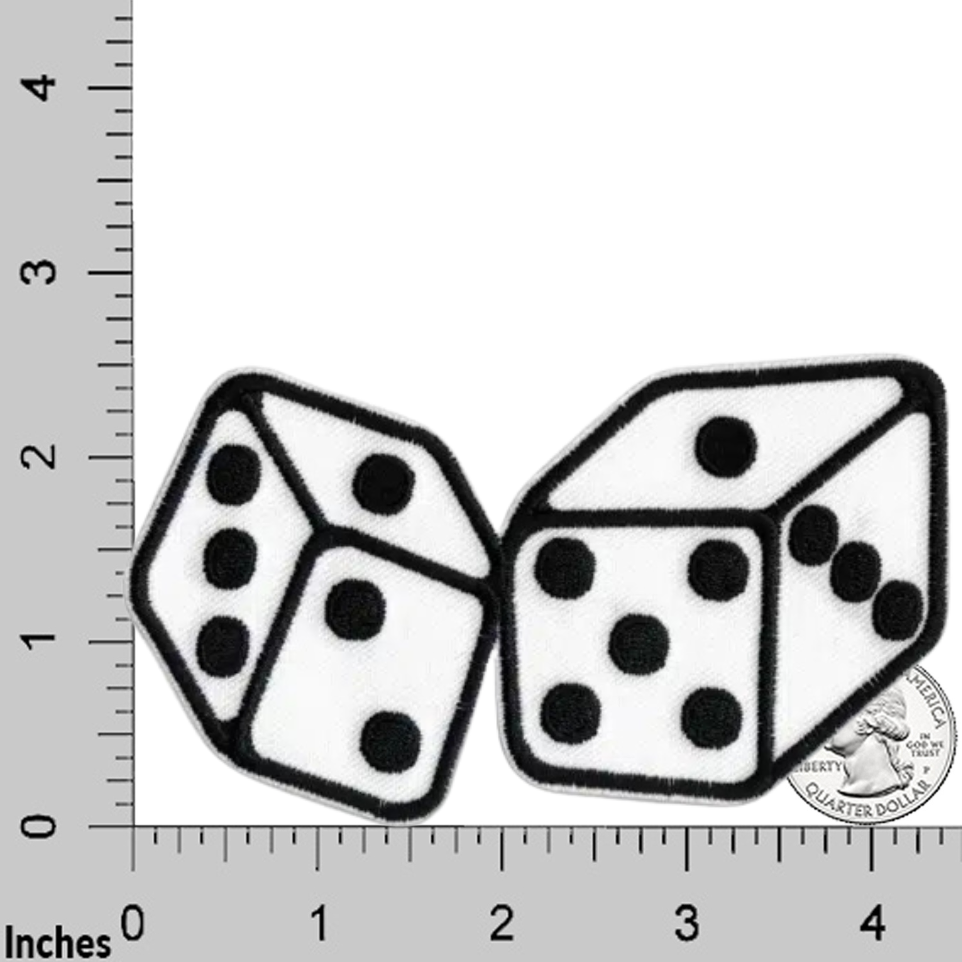 Laughing Lizards White Large Dice (2-Pack) Iron On Patch features embroidered white dice with black dots. Shown with a ruler grid and U.S. quarter for scale—ideal for DIY crafts or as a fun patch accessory.