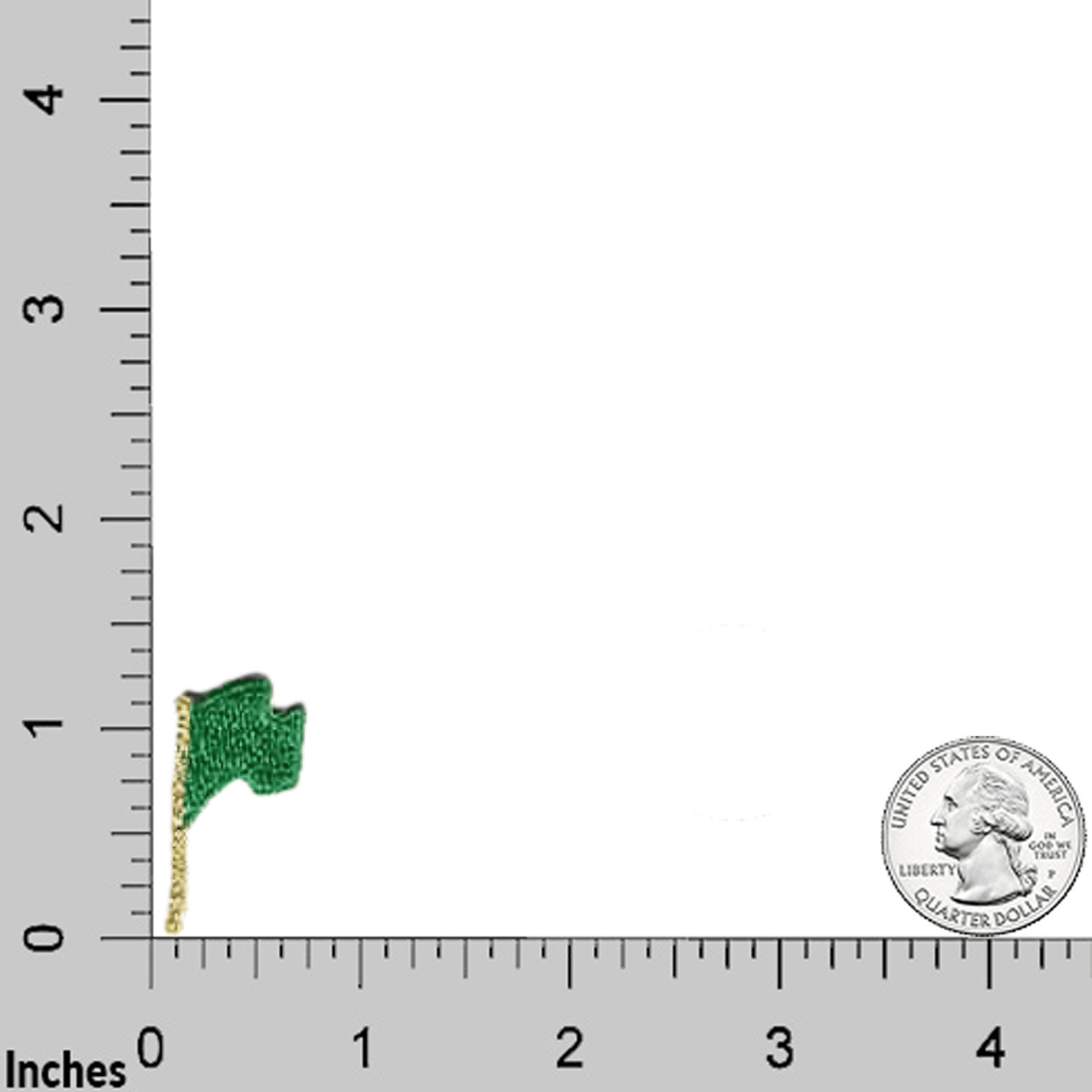 The LaughingLizards Golf Flag (5-Pack) Iron On Patch in multiple colors is shown beside a ruler with inch markings and a U.S. quarter for scale.