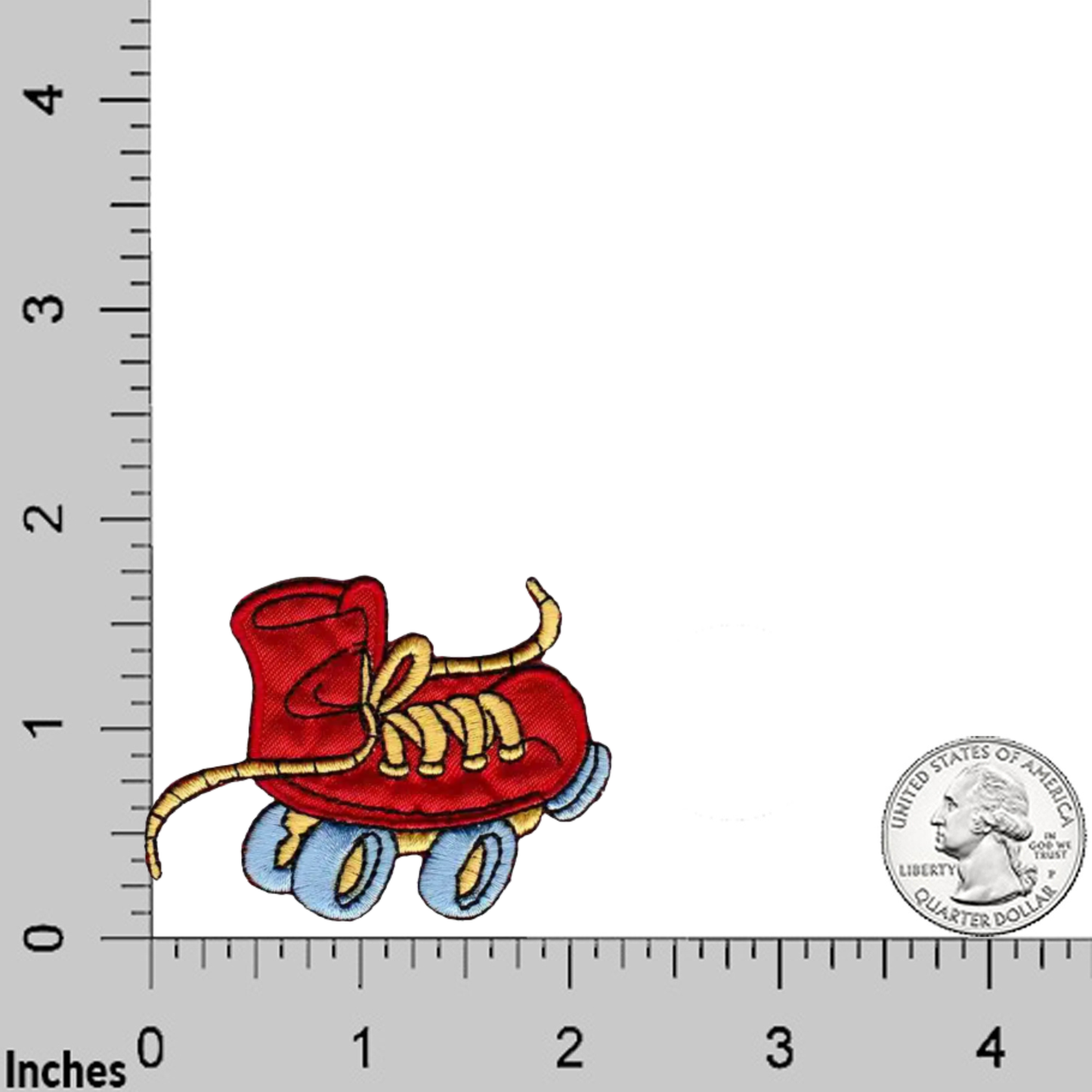 The Laughing Lizards Wacky Roller Skate Children's (3-Pack) Iron On Patch in red features yellow laces and is shown near a U.S. quarter and ruler for scale—great for decorating fabric or use in your creative projects.