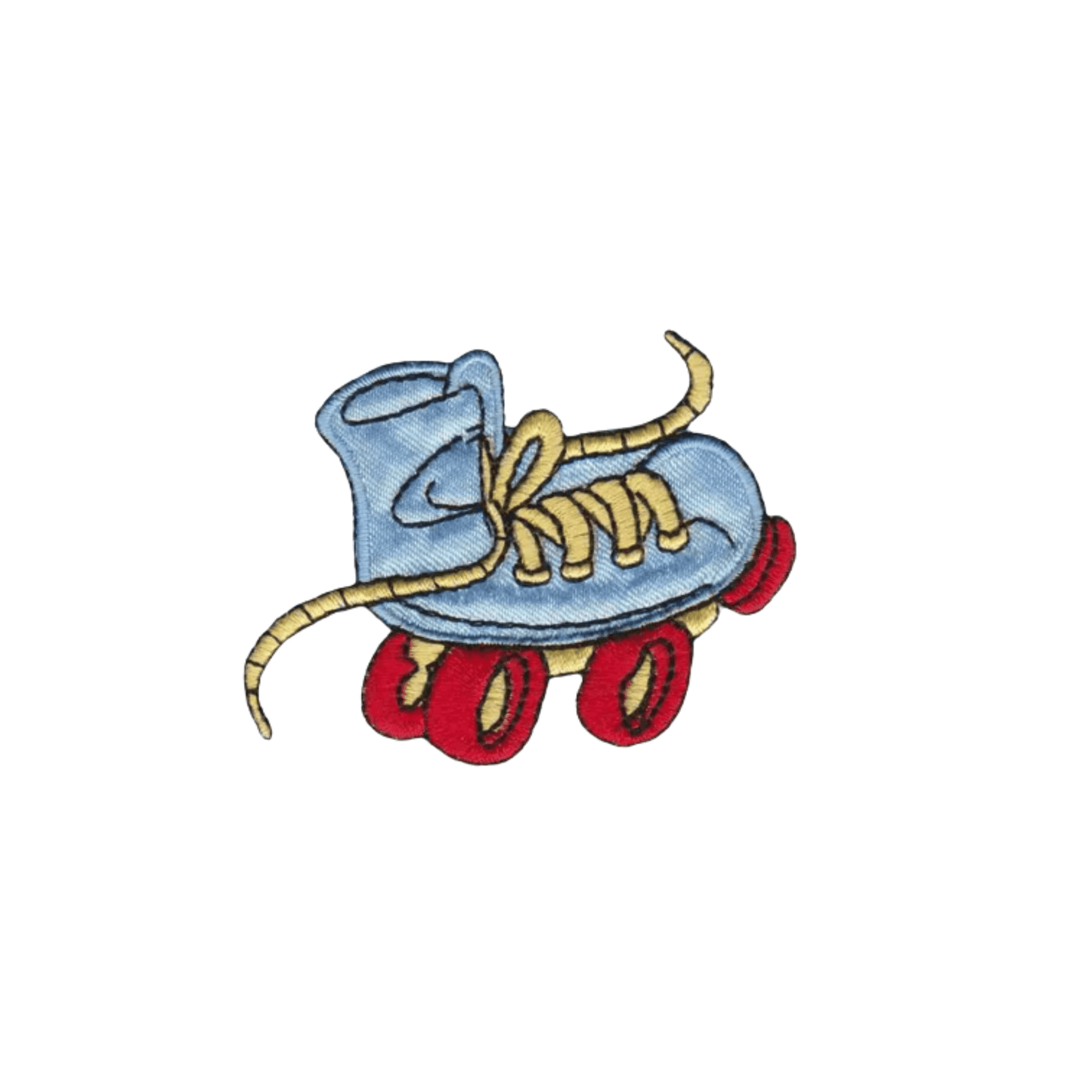 The LaughingLizards Wacky Roller Skate Light Blue Children's Iron On Patch features a playful blue skate with yellow laces and four red wheels, displayed on a white background.