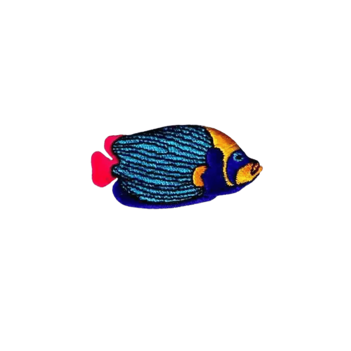 LaughingLizards' Brightly Colored Emperor Angelfish Iron On Patch (3-Pack) features vibrant blue, yellow, and pink embroidery—ideal for tropical fish applique projects. Set against a white background.