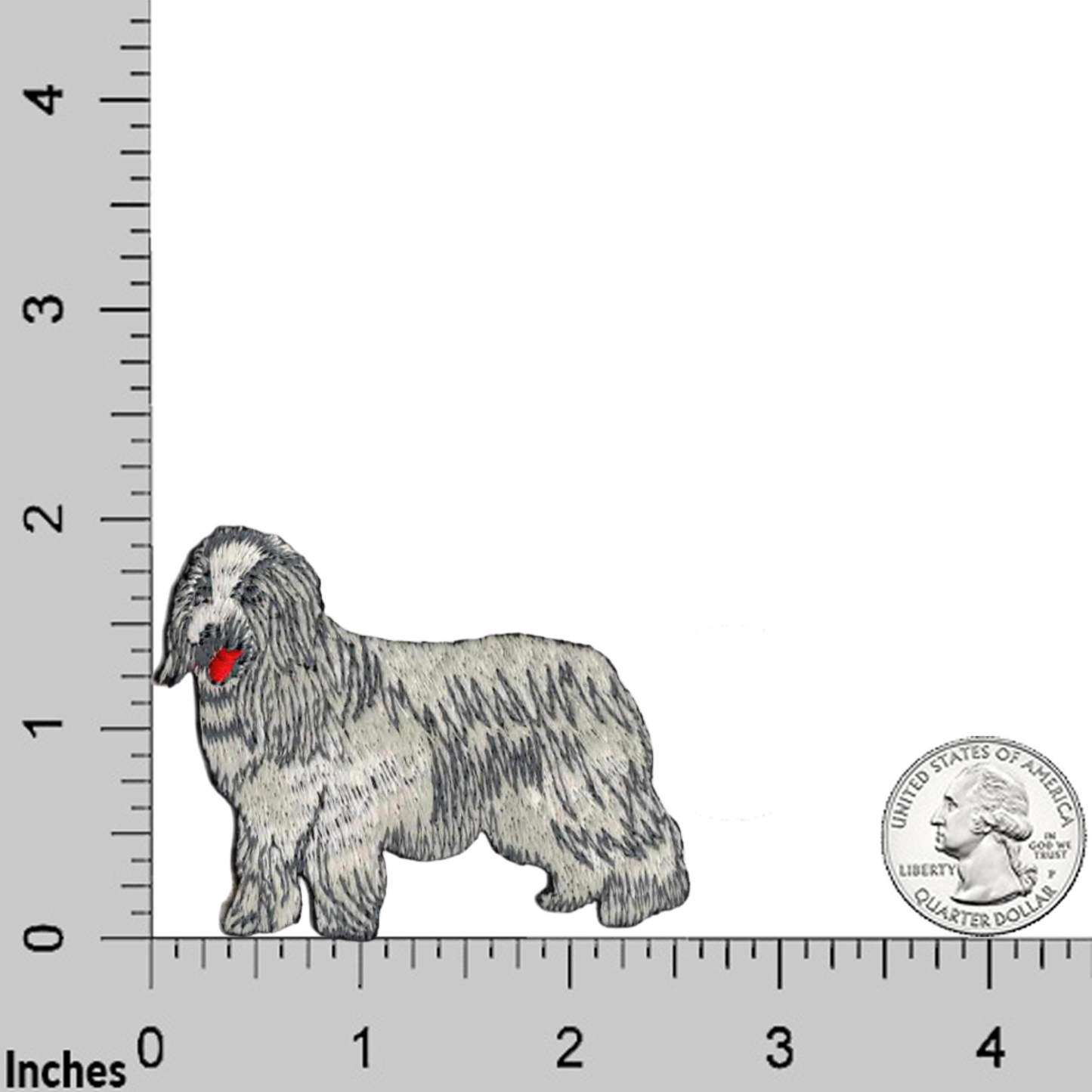 A small, shaggy dog figurine sits beside a U.S. quarter and ruler for scale, about 2" tall—an ideal match for the LaughingLizards Sheep Dog (3 Pack) Iron On Pet Patch, perfect for pet lovers.