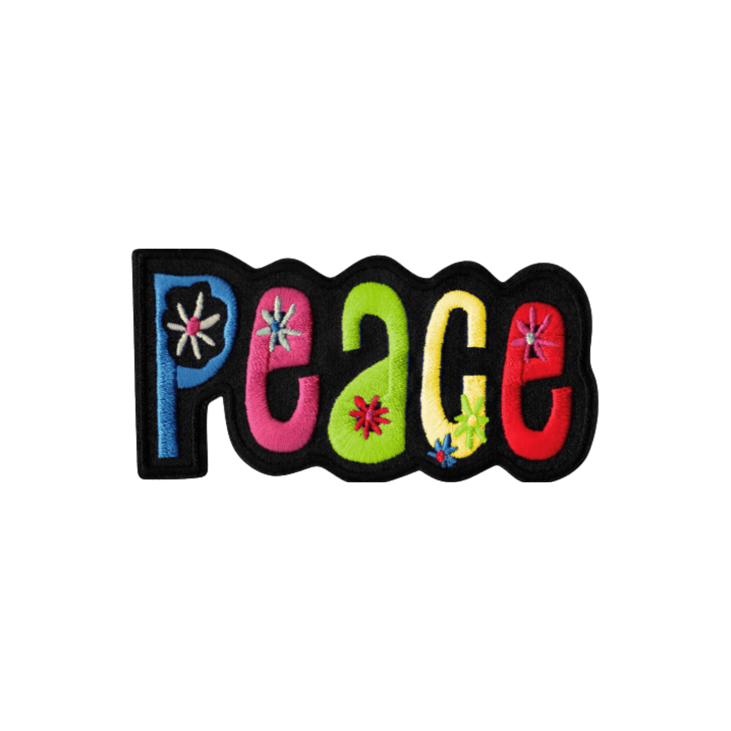 Add groovy style with the Laughing Lizards Peace With Flowers (2-Pack) Iron On Patch—bold, multicolored “Peace,” stars, and flowers on a black border. Perfect for kids or anyone wanting a fun 60s-inspired look!.