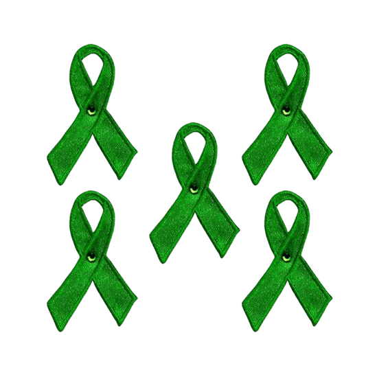 Green Ribbon Patches (5-Pack) Awareness embroidered Iron On Patch Appliques on a white background.