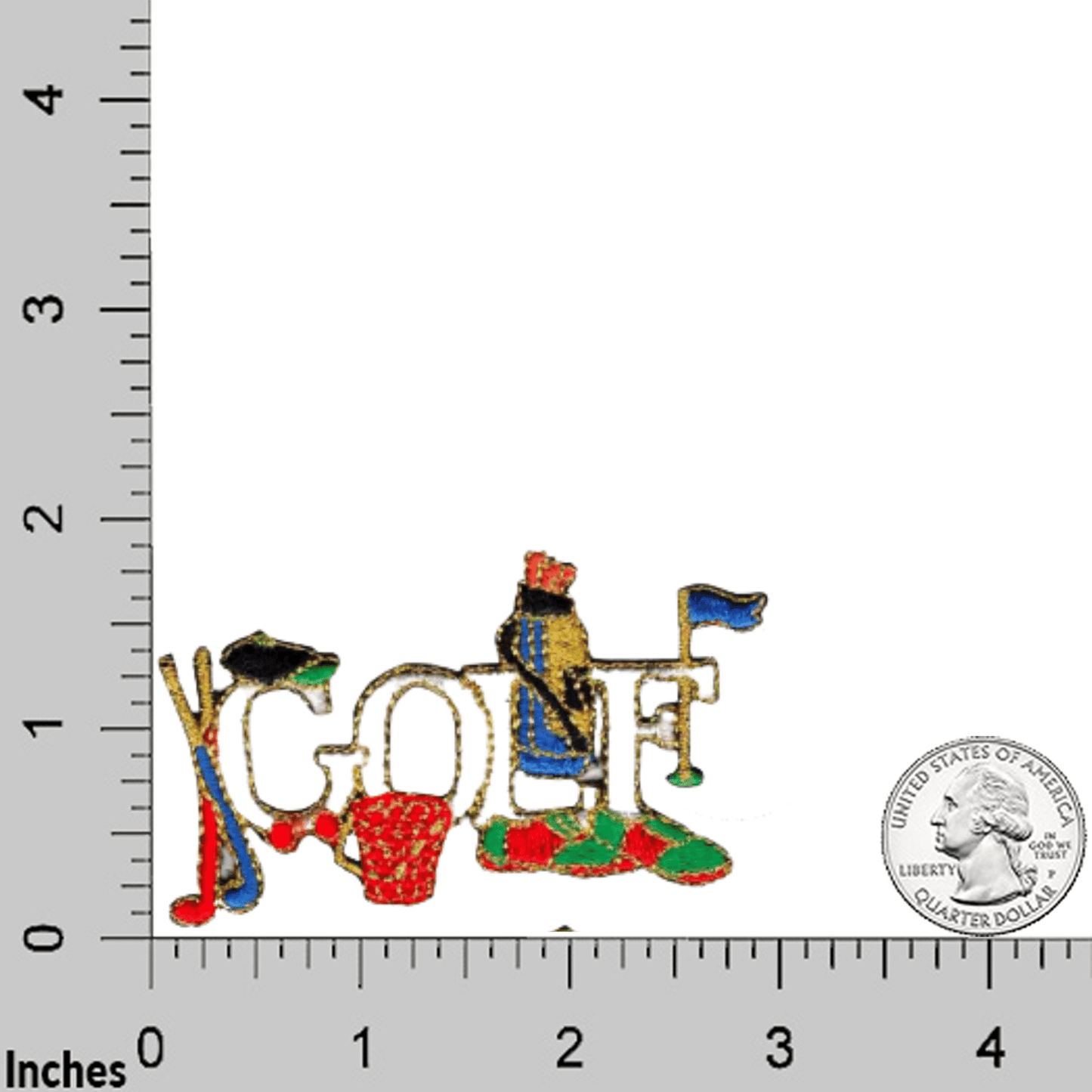 An image of a Golf Patches (2-Pack) GOLF Embroidered Iron On Patch Appliques with a ruler next to it.