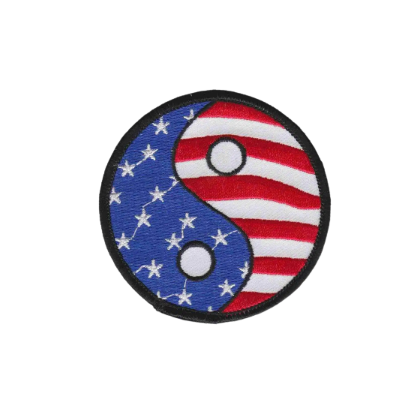 The Laughing Lizards American Flag Styled Yin Yang USA (2-Pack) Iron On Patriotic Patch blends stars, stripes, and the yin yang design—ideal for adding patriotic flair to jackets, hats, or bags.