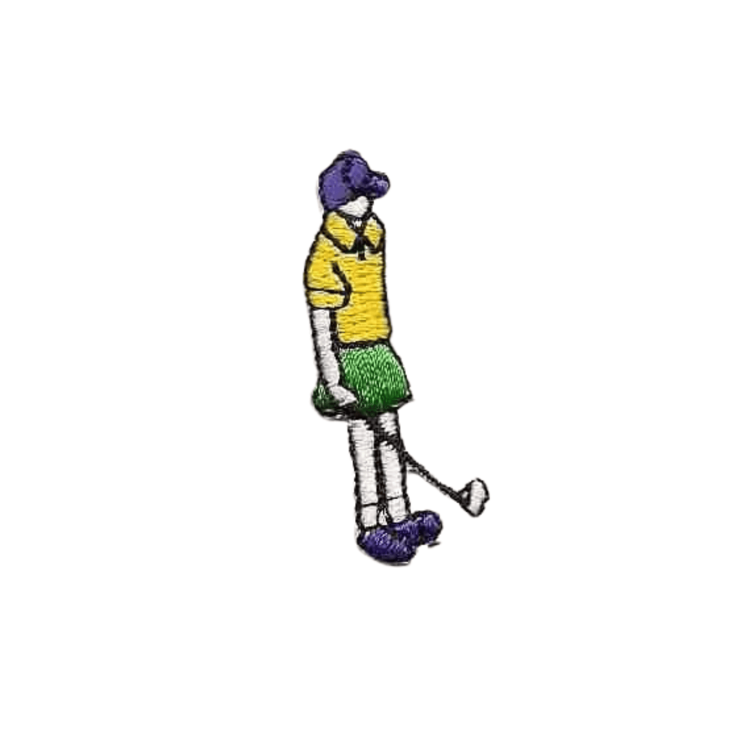 The Laughing Lizards Tiny Golfer Applique In Yellow (5-Pack) features a vibrant iron-on patch of a golfer, perfect for DIY projects. The white background highlights the fun embroidered design, making it easy to decorate bags, hats, or shirts.