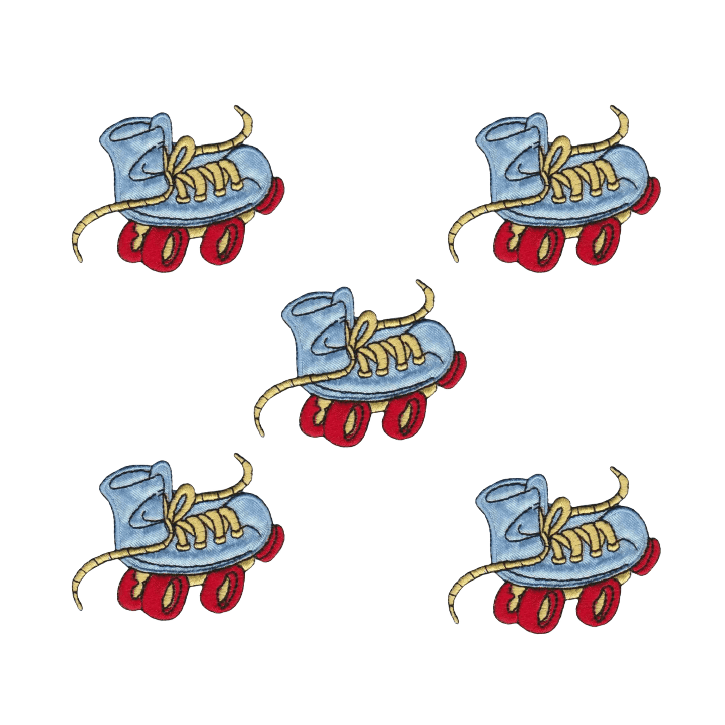 Five Wacky Roller Skate Light Blue Children's Iron On Patches by LaughingLizards, featuring yellow laces and red wheels, are scattered on a white background—perfect for a fun patch or adding flair to any kid’s collection.