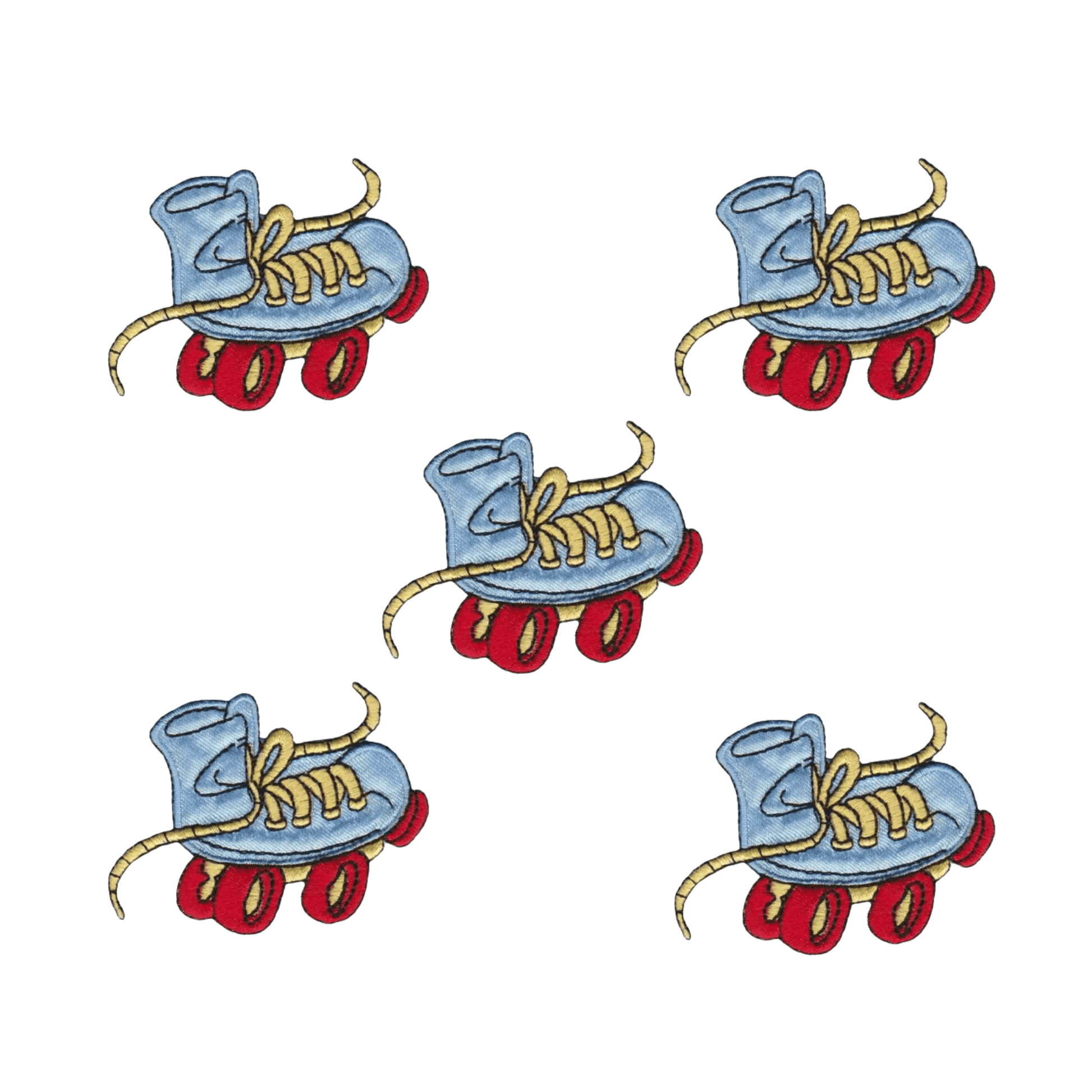 Five Wacky Roller Skate Light Blue Children's Iron On Patches by LaughingLizards, featuring yellow laces and red wheels, are scattered on a white background—perfect for a fun patch or adding flair to any kid’s collection.