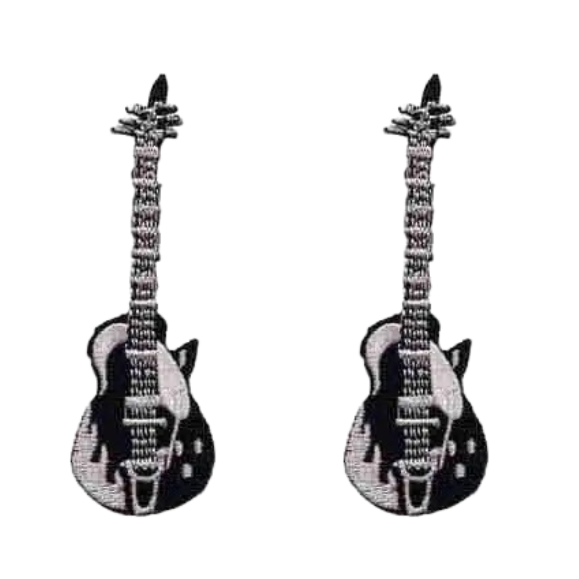 Two LaughingLizards Electric Guitar Embroidered Music Iron On Patches (2-Pack, Black) are displayed side by side on a white background.