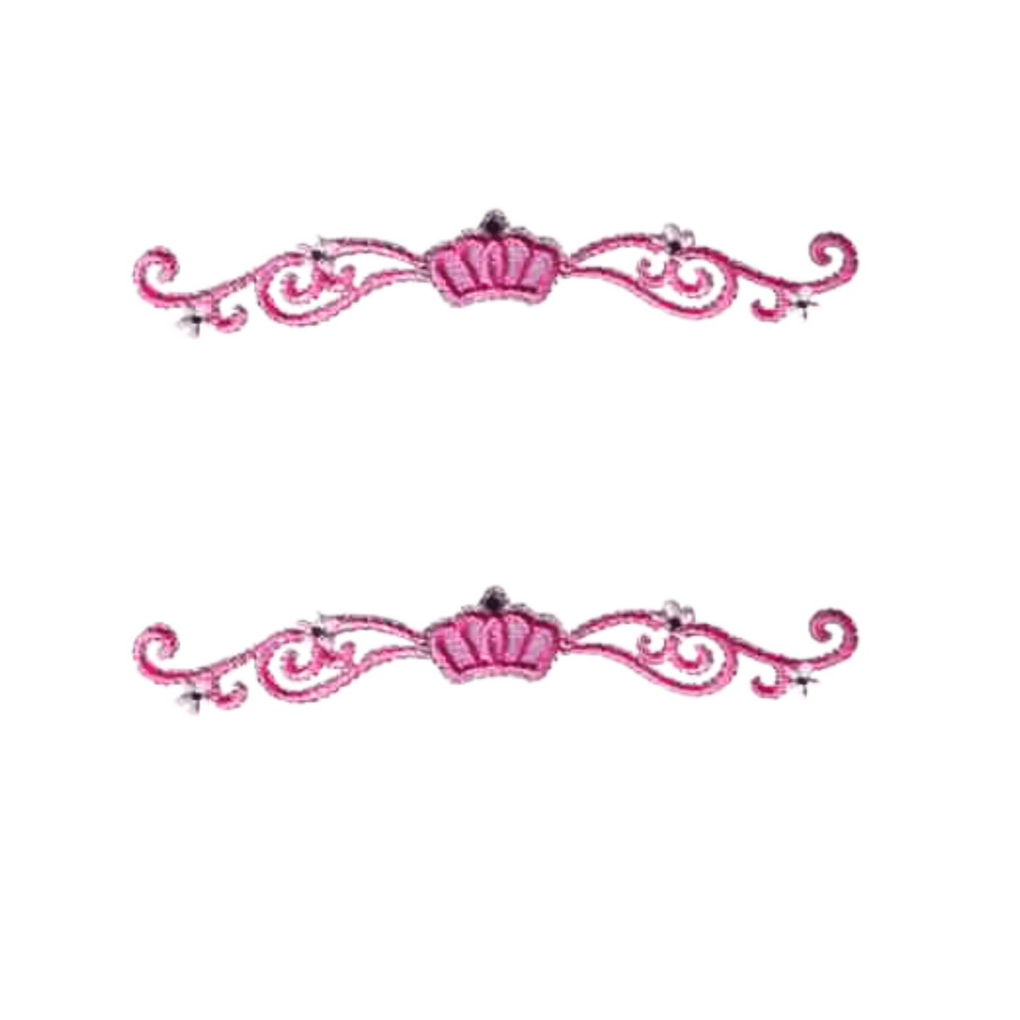 The Laughing Lizards Princess Crown with Bling (2-Pack) Iron On Patch features two identical pink tiaras with swirls and stars, ideal as embroidered princess patches or crown appliques, displayed one above the other on a white background.