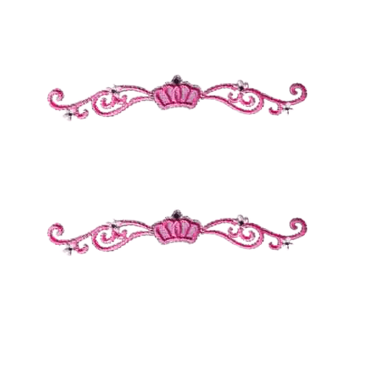 The Laughing Lizards Princess Crown with Bling (2-Pack) Iron On Patch features two identical pink tiaras with swirls and stars, ideal as embroidered princess patches or crown appliques, displayed one above the other on a white background.