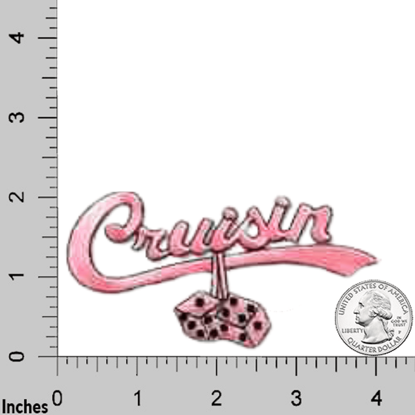 A ruler with the product name "Cruisin Script Patches Patch (2-Pack) Fifties Sixties Embroidered Iron On Patch Appliques" on it.