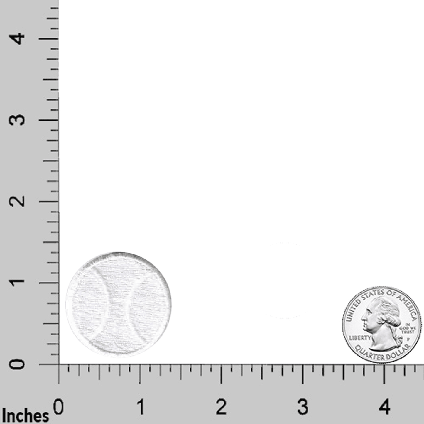 A White Tennis Ball (5-Pack) Sports Iron On Patch by Laughing Lizards and a US quarter are shown on a grid with inch markings along the bottom and left sides for size comparison.