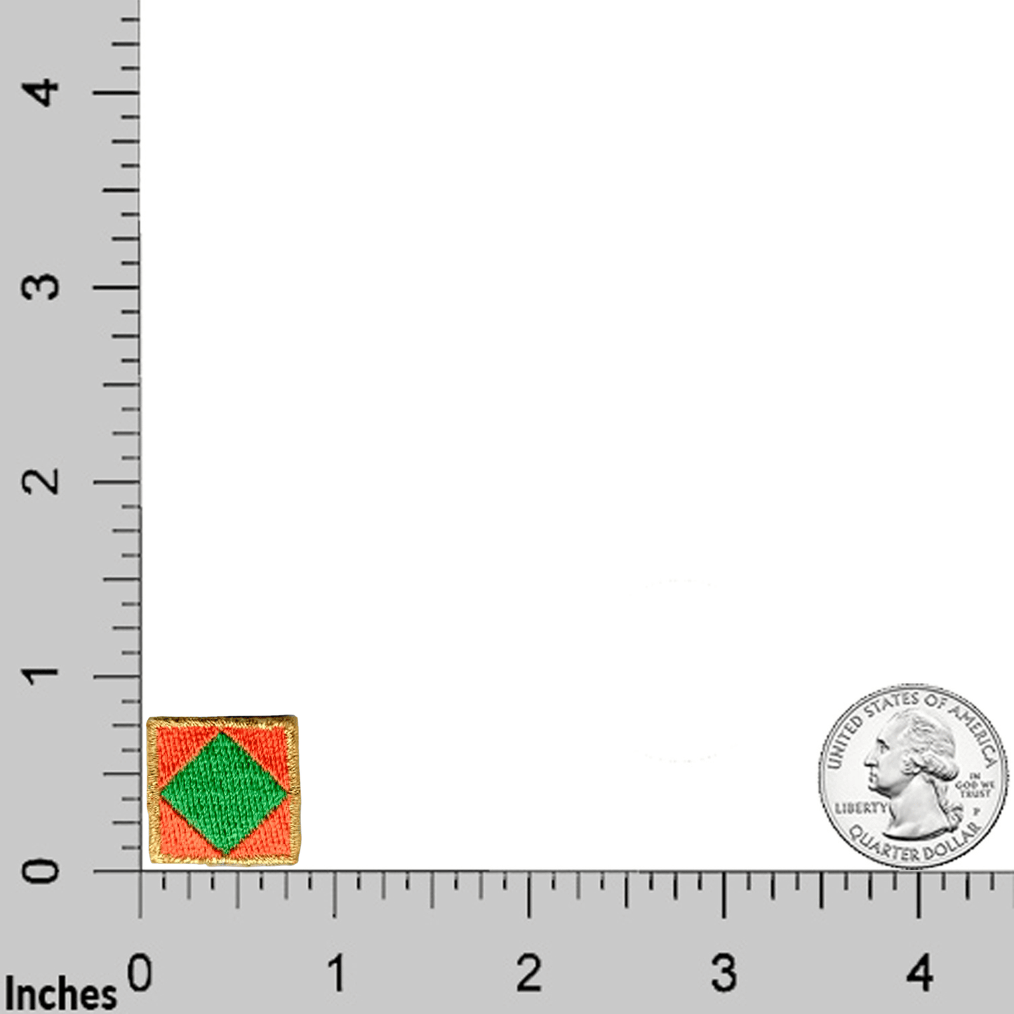 The Laughing Lizards Nautical Flag Orange with Green Diamond Embroidered Iron-On Patch (5-Pack) is shown next to a U.S. quarter on a ruler in inches for scale.