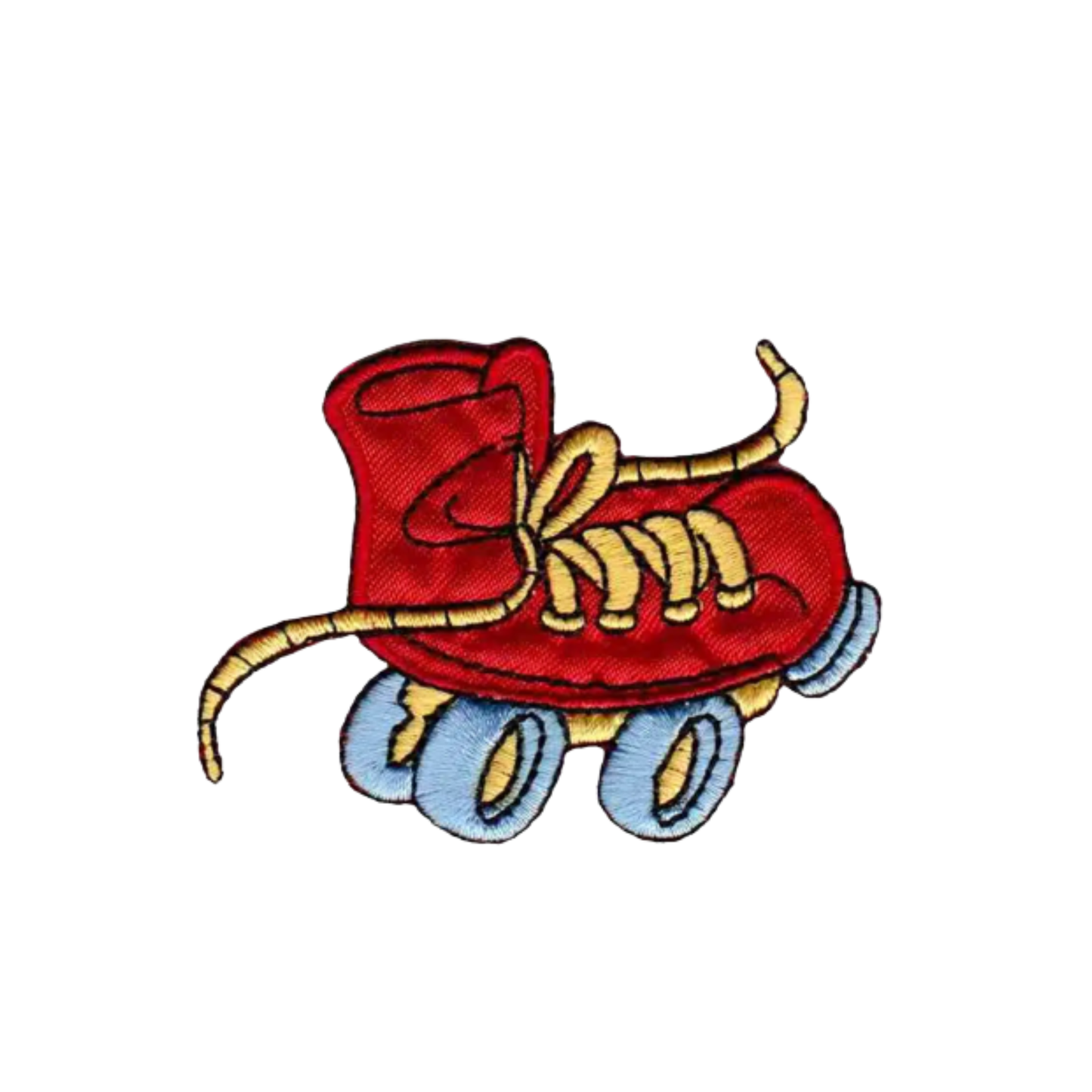 The Laughing Lizards Wacky Roller Skate Children's (3-Pack) Iron On Patch - Red features a red skate with yellow laces and blue wheels, making a fun, colorful decoration for fabric, shown on a plain white background.