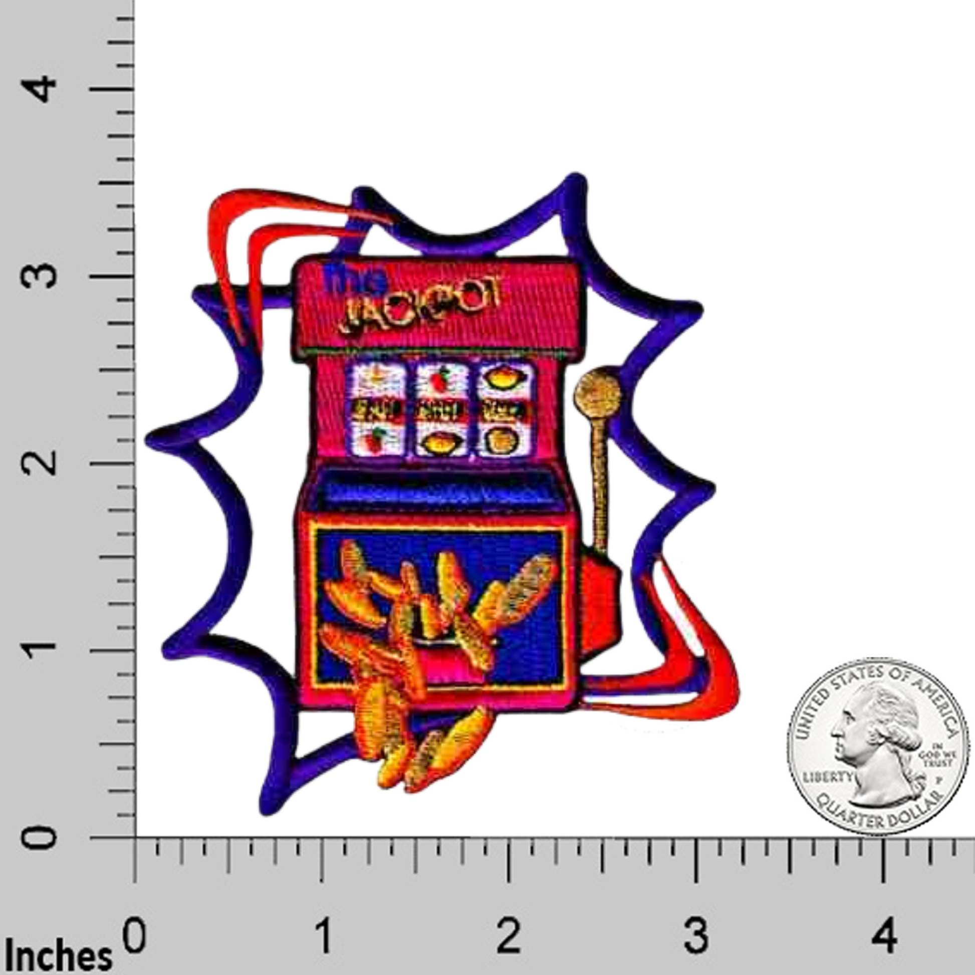 The LaughingLizards Jackpot Slot Machine Gambling (2-Pack) Iron On Patch features an embroidered slot machine with coins spilling out, shown beside a ruler and US quarter for scale—perfect for jackets or bags.
