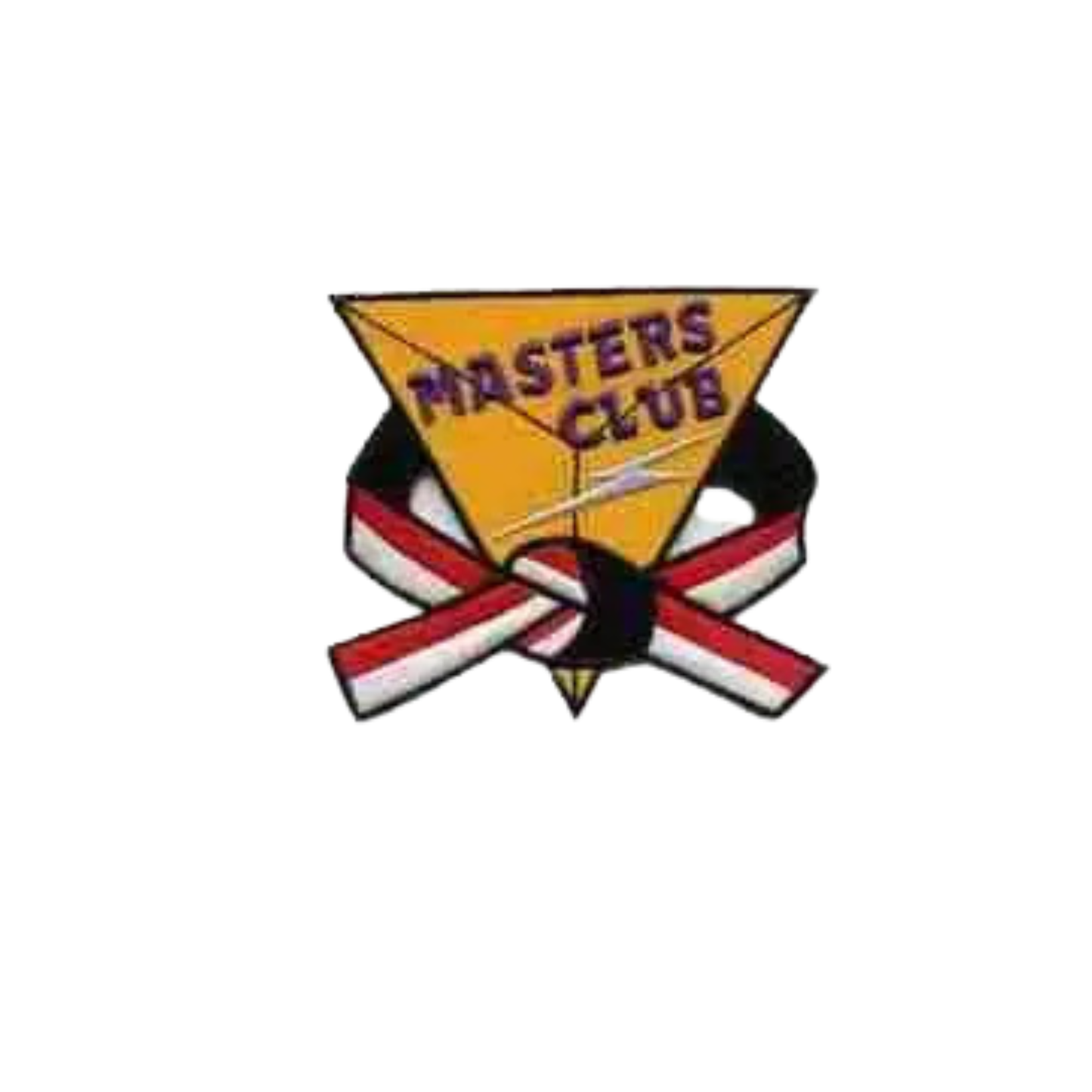 A yellow triangle labeled "MASTERS CLUB" sits atop a red, white, and black ribbon on the LaughingLizards Masters Club Martial Arts (3-Pack) Iron On Patch—ideal for DIY crafts or as a standout Martial Arts accessory.