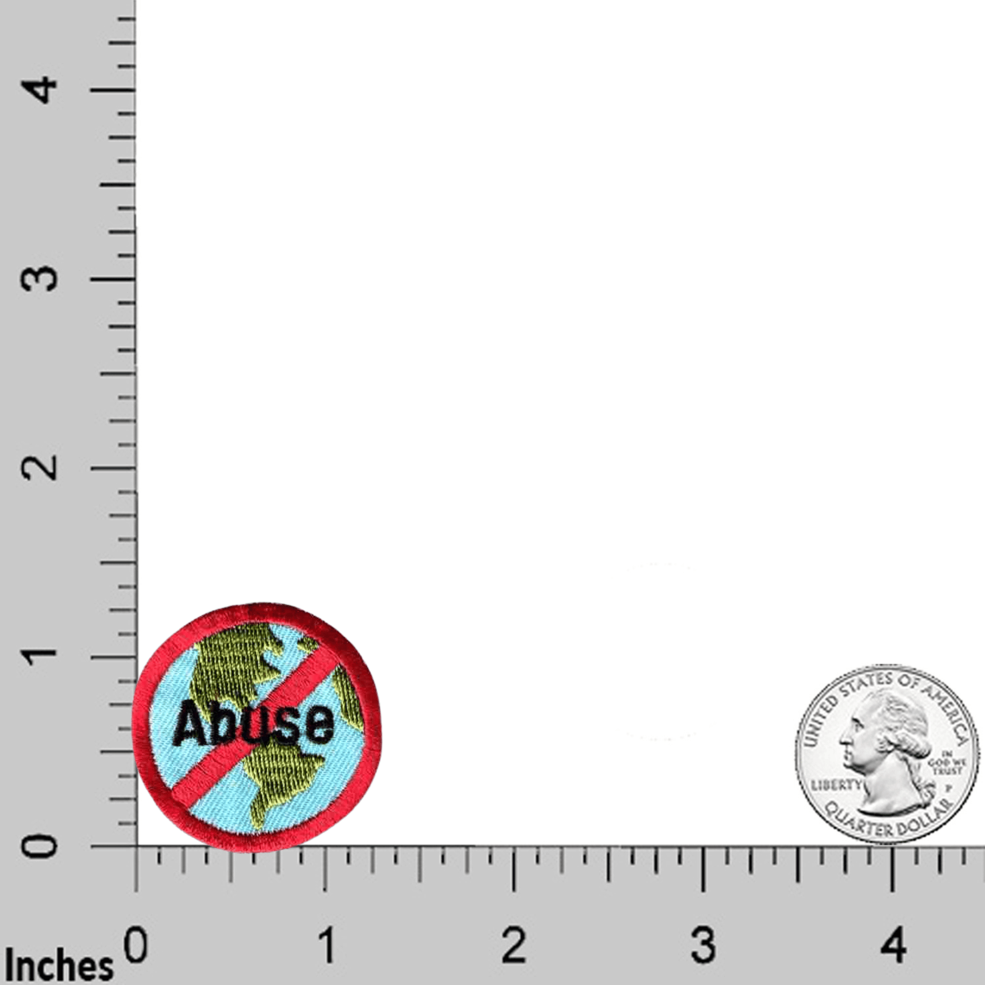 The Laughing Lizards Stop Environmental Abuse (5-Pack) Iron On Patch features the Earth with "Abuse" crossed out—shown beside a U.S. quarter for scale—ideal for raising environmental awareness in your DIY craft projects.