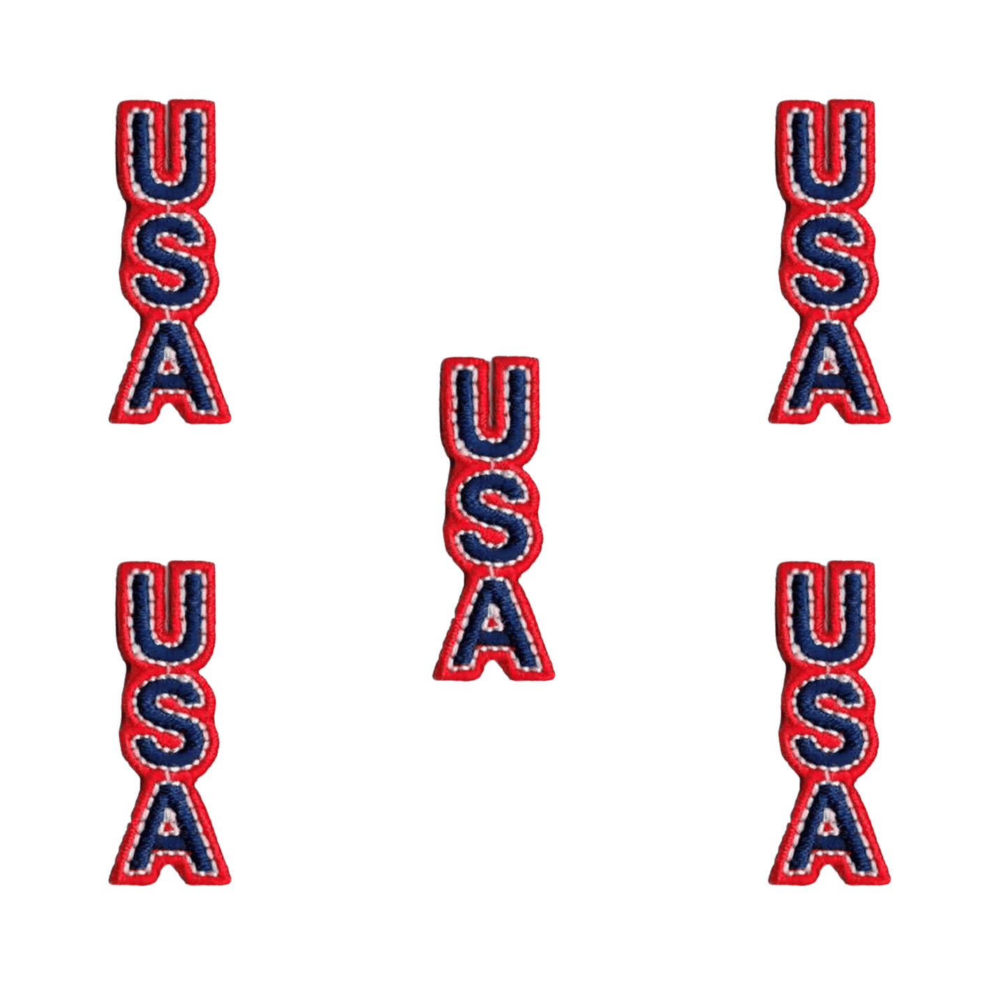 Five Laughing Lizards USA Vertical Iron on Patches (5-Pack, Small) feature bold red, white, and blue embroidery arranged on a white background—perfect for proudly displaying your patriotic spirit.