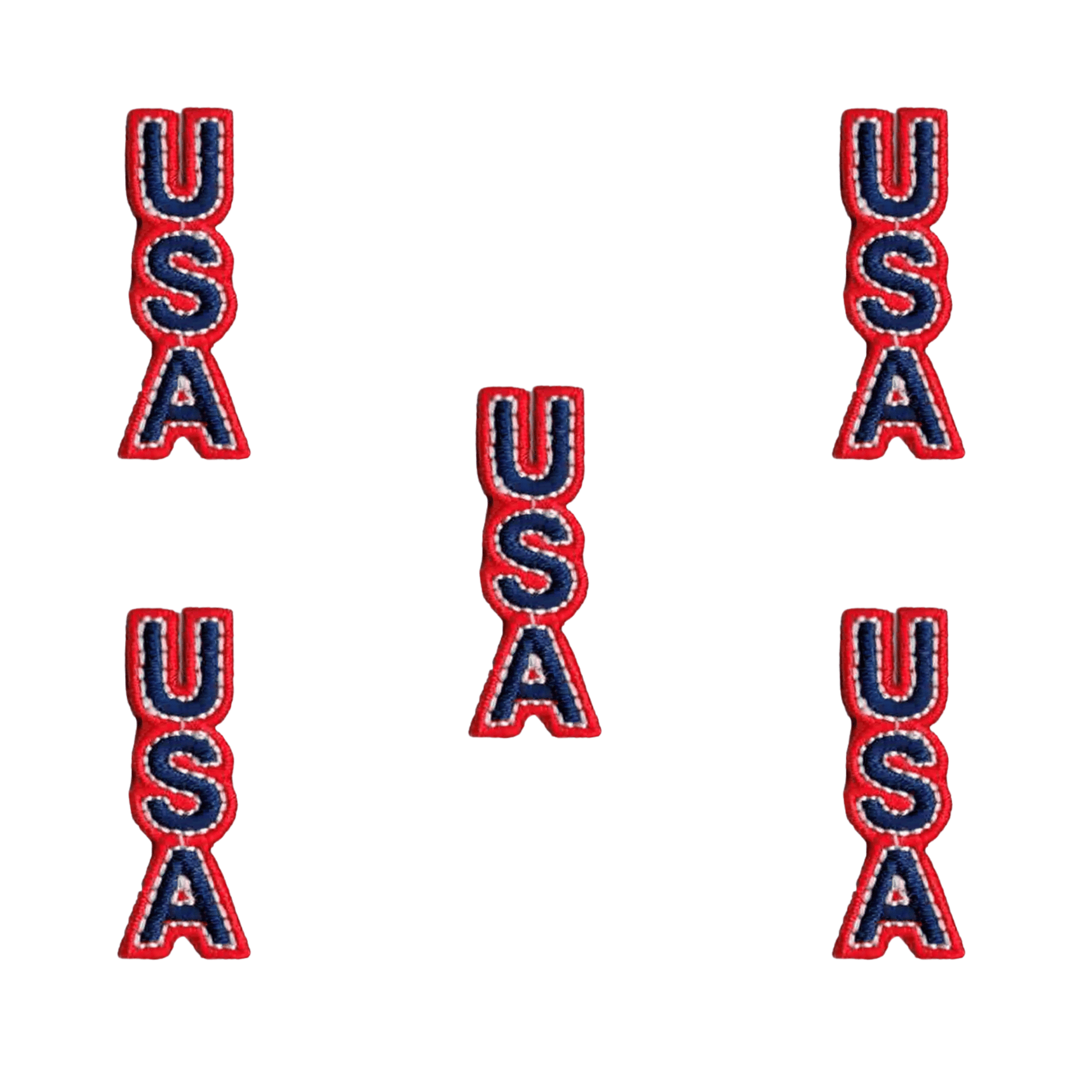 Five Laughing Lizards USA Vertical Iron on Patches (5-Pack, Small) feature bold red, white, and blue embroidery arranged on a white background—perfect for proudly displaying your patriotic spirit.