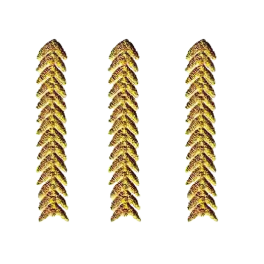The Laughing Lizards Gold Chevron Strip (3-Pack) Iron On Military Patch features three rows of yellowish gold chevrons with metallic trim, arranged vertically on a white background.