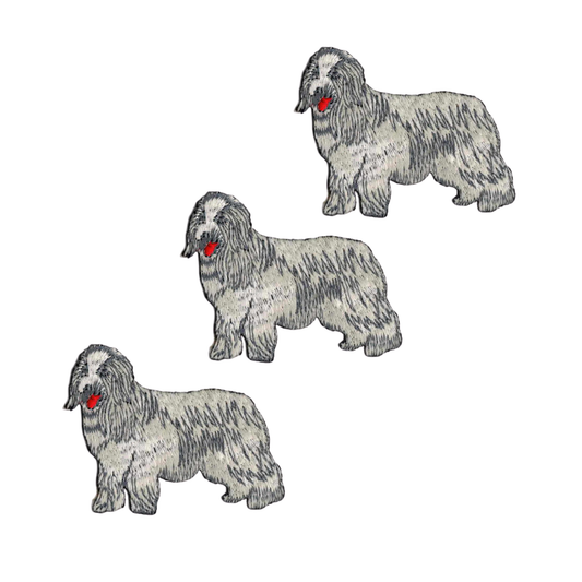 The LaughingLizards Sheep Dog (3 Pack) Iron On Pet Patch features three adorable embroidered patches of a long-haired gray and white sheep dog with a red tongue, perfect for adding charm to any item.