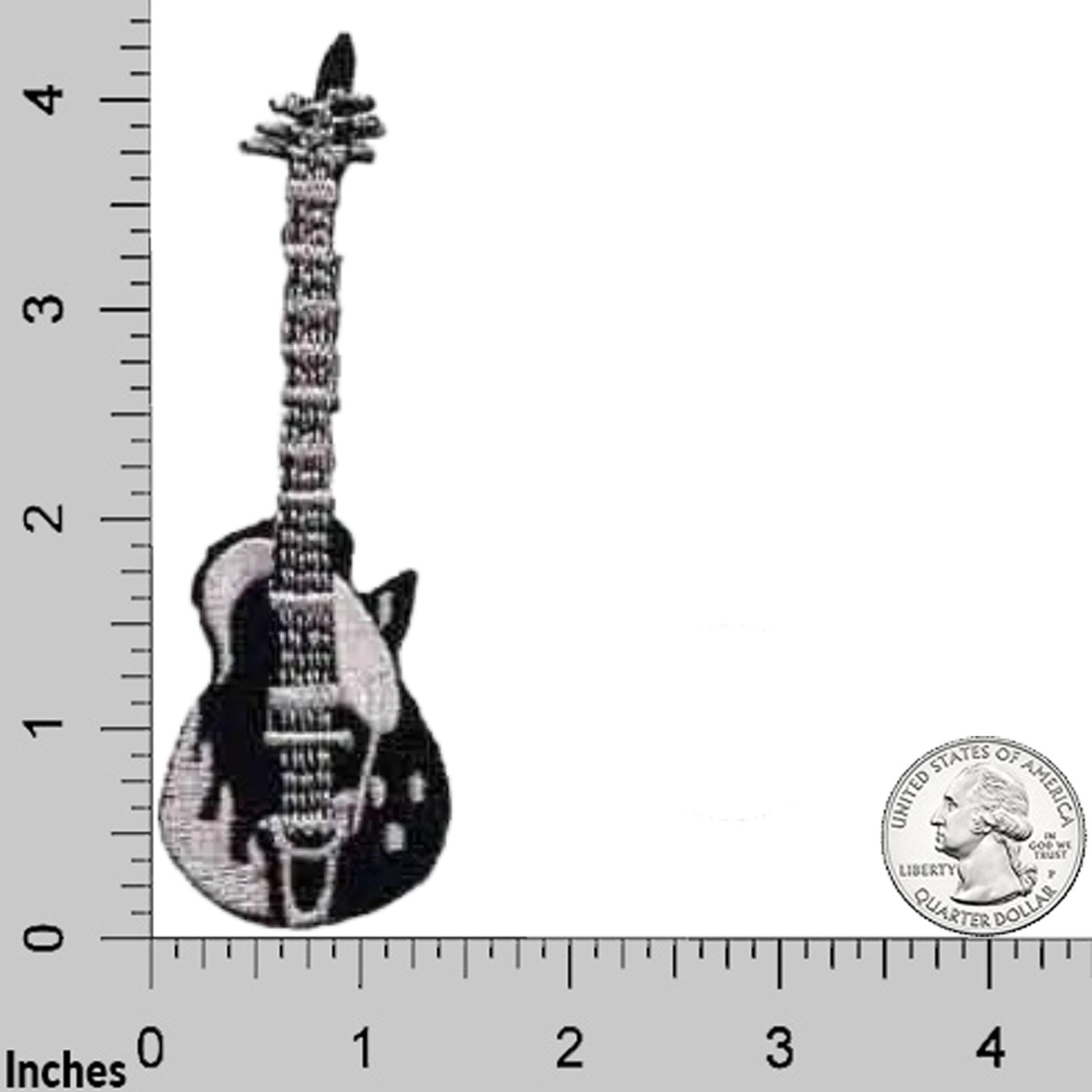 The LaughingLizards Electric Guitar Embroidered Music Iron-On Patch (2-Pack, Black) is shown next to a U.S. quarter and a ruler for scale, measuring about 3 inches tall.