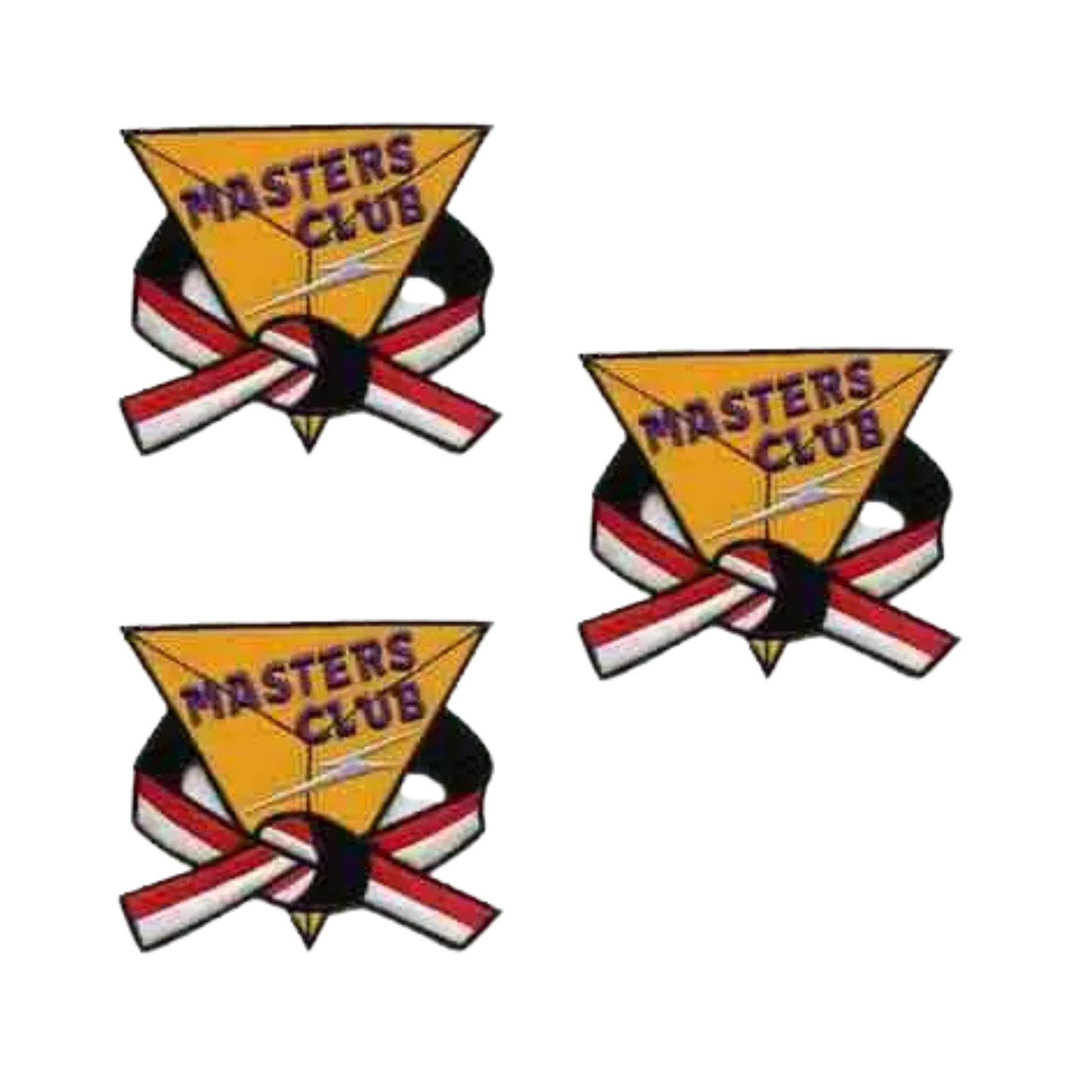 The LaughingLizards Masters Club Martial Arts (3-Pack) Iron On Patches showcase a yellow triangle, purple text, and a red, white, and black ribbon—ideal for uniforms or DIY crafts.